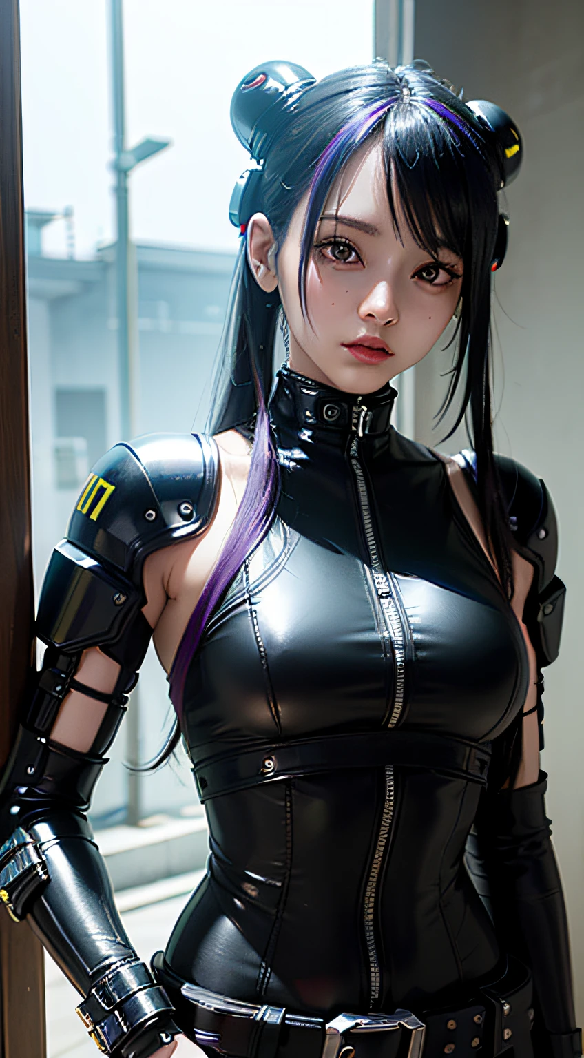 ((top-quality)), ((​masterpiece)), (high-detail:1.3), 。.3D, Beautiful fece (cyberpunked:1.3) Colored hair、Hacker woman in black clothes looking at camera、Reflection from the waist up