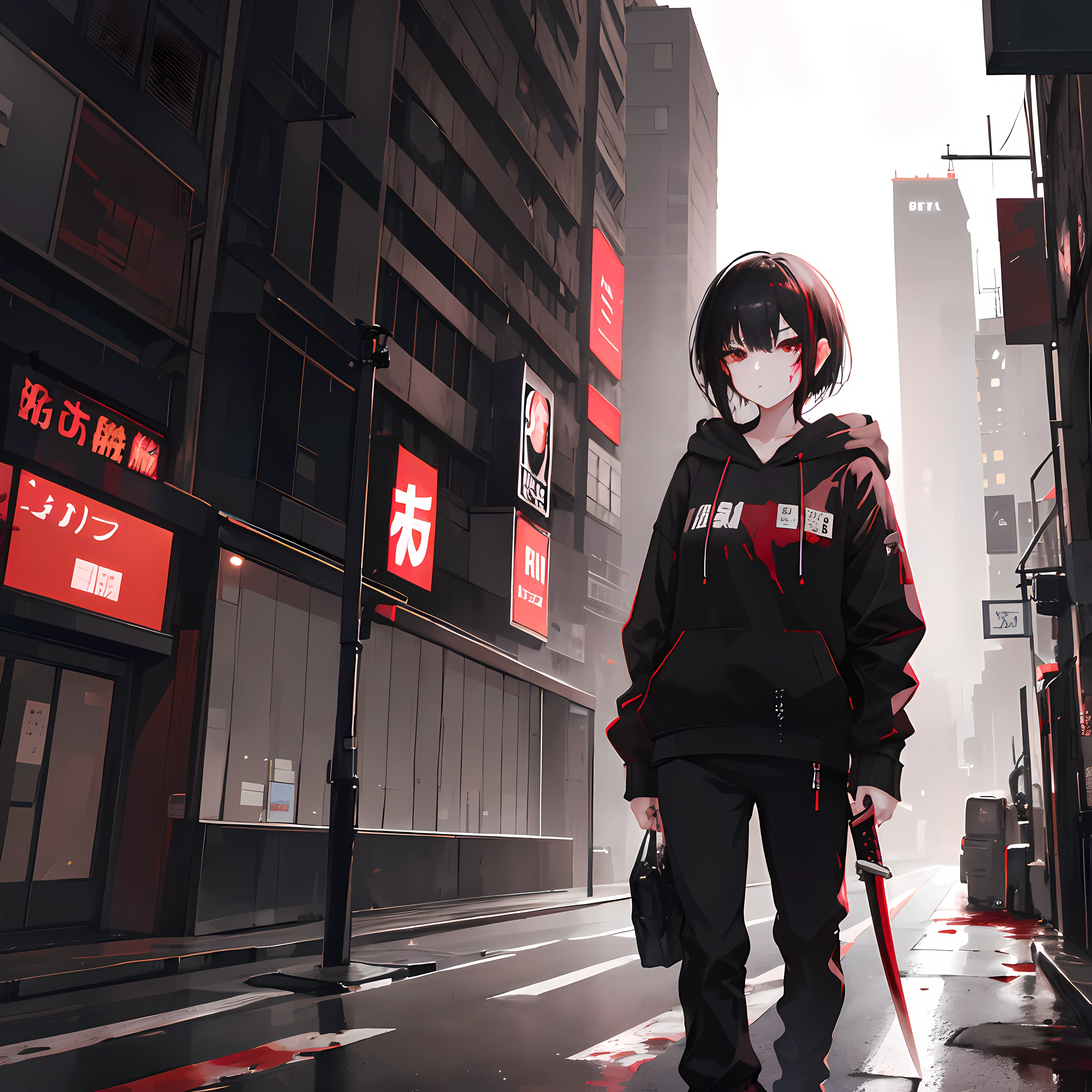 Matured girl, night, blood on face, holding a katana, serious cold face, short black hair, brown eyes, wearing a hoodie jacket, baggy pants, walking, city, cyberpunk, dark tone, absurdres, high res, ultrasharp, 8K, masterpiece, looking at viewer