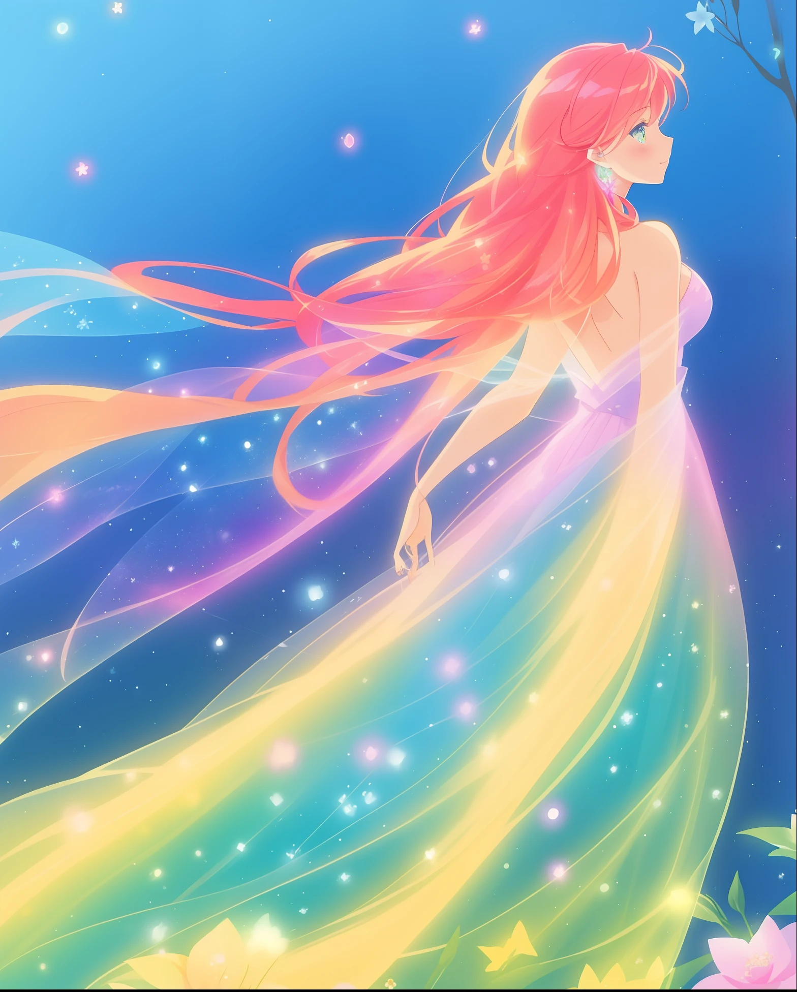 beautiful fairy girl in flowing colorful dress, ((large sparkling fairy wings coming from her back)), fairy dress, fairy queen, magical colorful otherworldly landscape, (glowing fairy wings), glowing flowing ballgown, long hair, sparkling fairy wings, watercolor illustration, flowers and colorful plants, inspired by Glen Keane, inspired by Lois van Baarle, disney art style, by Lois van Baarle, glowing aura around her, by Glen Keane, jen bartel, glowing lights! digital painting, flowing glowing hair, glowing flowing hair, beautiful digital illustration, fantasia otherworldly landscape plants flowers, beautiful, masterpiece, best quality, anime disney style