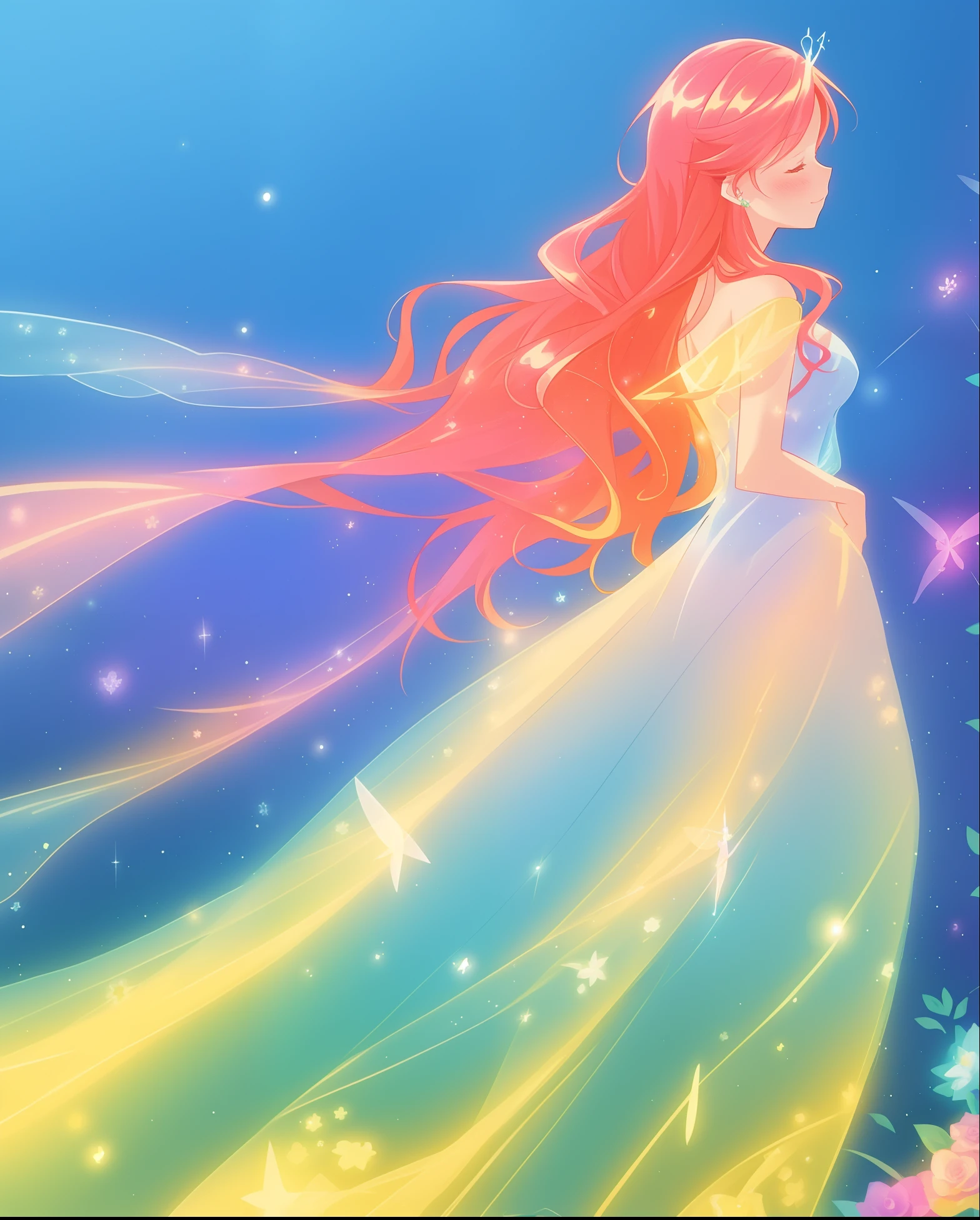 beautiful fairy girl in flowing colorful dress, ((large sparkling fairy wings coming from her back)), fairy dress, fairy queen, magical colorful otherworldly landscape, (glowing fairy wings), glowing flowing ballgown, long hair, sparkling fairy wings, watercolor illustration, flowers and colorful plants, inspired by Glen Keane, inspired by Lois van Baarle, disney art style, by Lois van Baarle, glowing aura around her, by Glen Keane, jen bartel, glowing lights! digital painting, flowing glowing hair, glowing flowing hair, beautiful digital illustration, fantasia otherworldly landscape plants flowers, beautiful, masterpiece, best quality, anime disney style