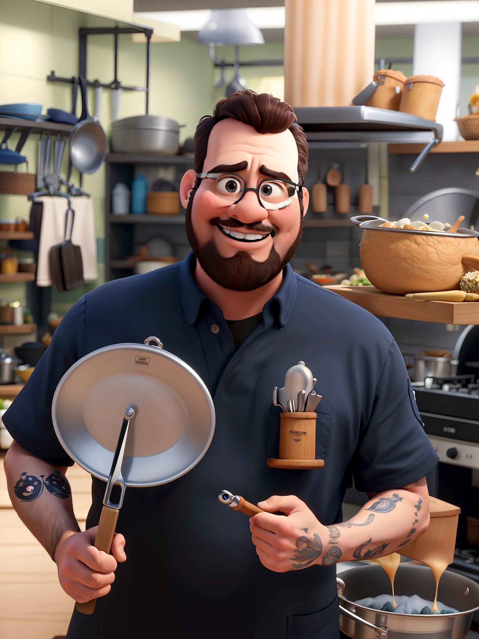 Criar em estilo pixar e Disney um chef de cozinha branco, com barba baixa e preta, tatuado e gordo, em uma cozinha profissional pegando fogo.