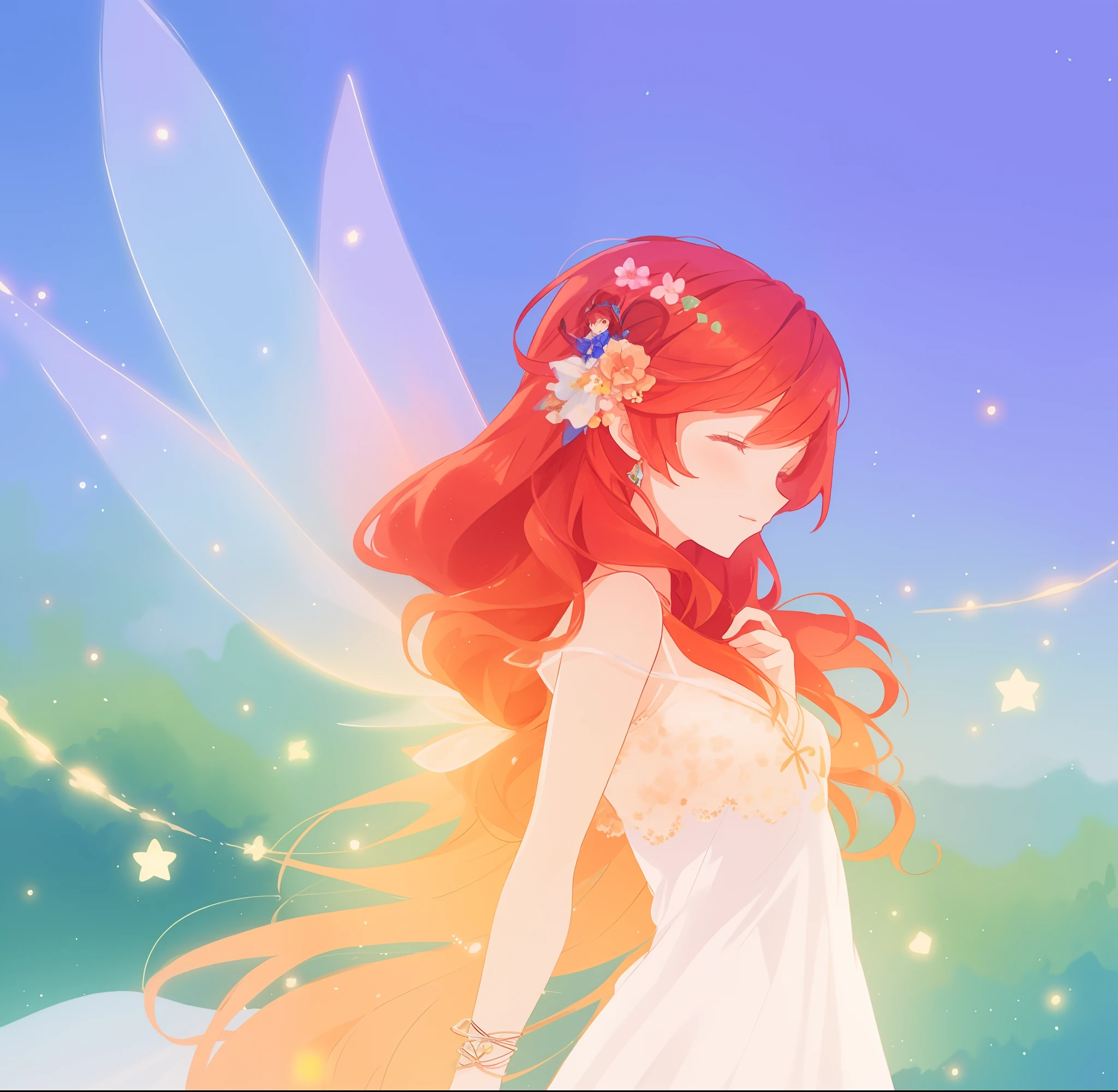 beautiful fairy girl in flowing white dress, fairy dress, fairy queen, (glowing fairy wings), long red hair, sparkling fairy wings, watercolor illustration, inspired by Glen Keane, inspired by Lois van Baarle, disney art style, by Lois van Baarle, glowing aura around her, by Glen Keane, jen bartel, glowing lights! digital painting, flowing glowing hair, glowing flowing hair, beautiful digital illustration, fantasia otherworldly landscape plants flowers, beautiful, masterpiece, best quality, anime disney style