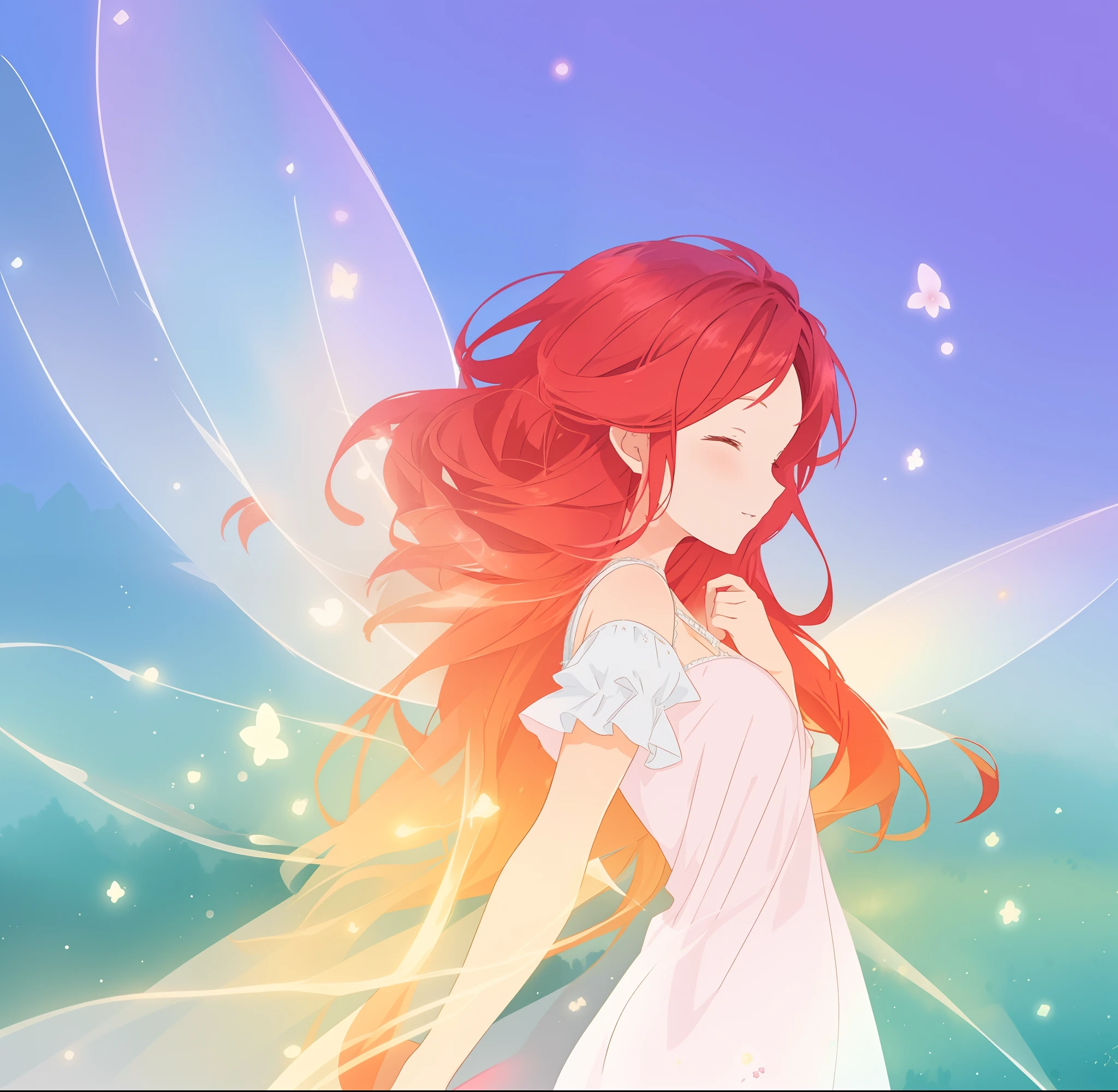 beautiful fairy girl in flowing white dress, fairy dress, fairy queen, (glowing fairy wings), long red hair, sparkling fairy wings, watercolor illustration, inspired by Glen Keane, inspired by Lois van Baarle, disney art style, by Lois van Baarle, glowing aura around her, by Glen Keane, jen bartel, glowing lights! digital painting, flowing glowing hair, glowing flowing hair, beautiful digital illustration, fantasia otherworldly landscape plants flowers, beautiful, masterpiece, best quality, anime disney style