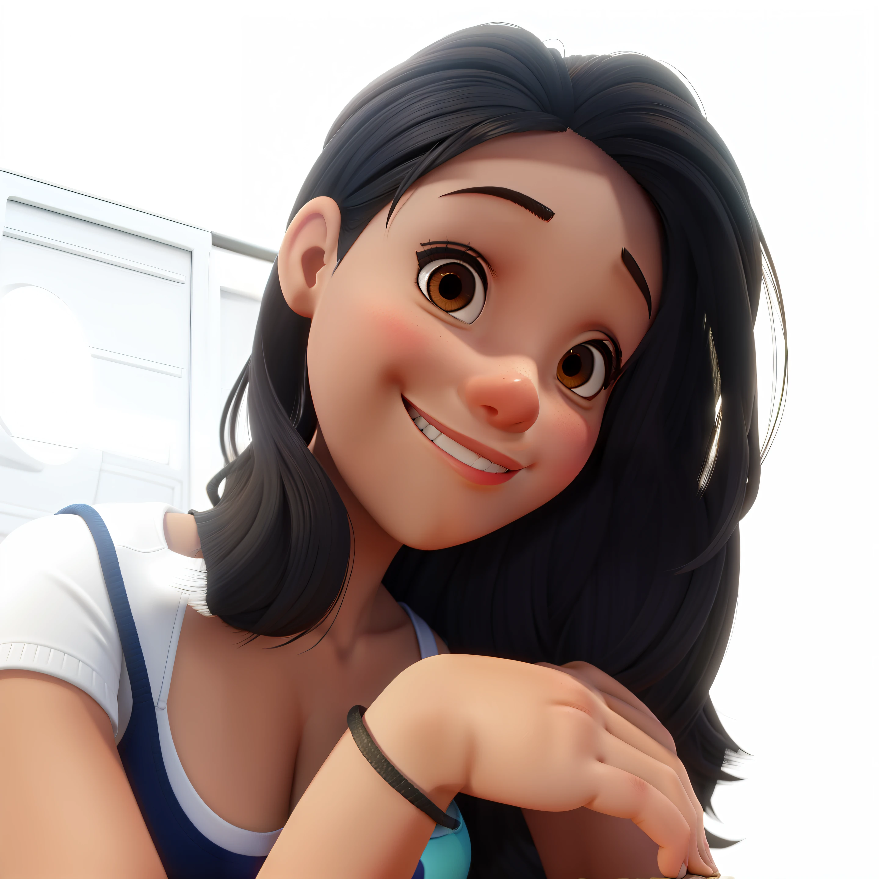 Uma menina bonita, morena ,rosto perfeito, arms at side , sorrindo olhos castanhos