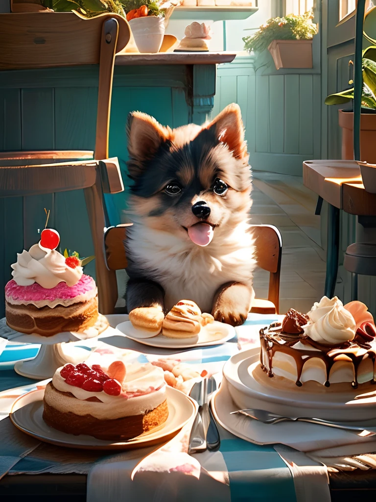 Cute puppy on a chair, Eat cake on the table,