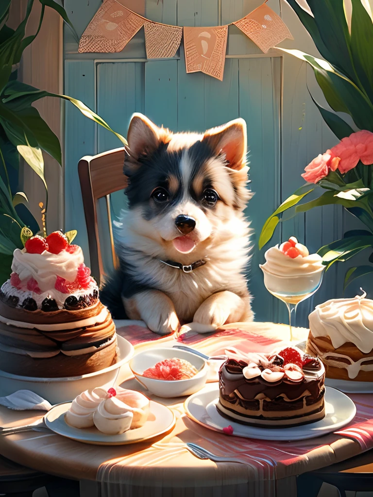 Cute puppy on a chair, Eat cake on the table,