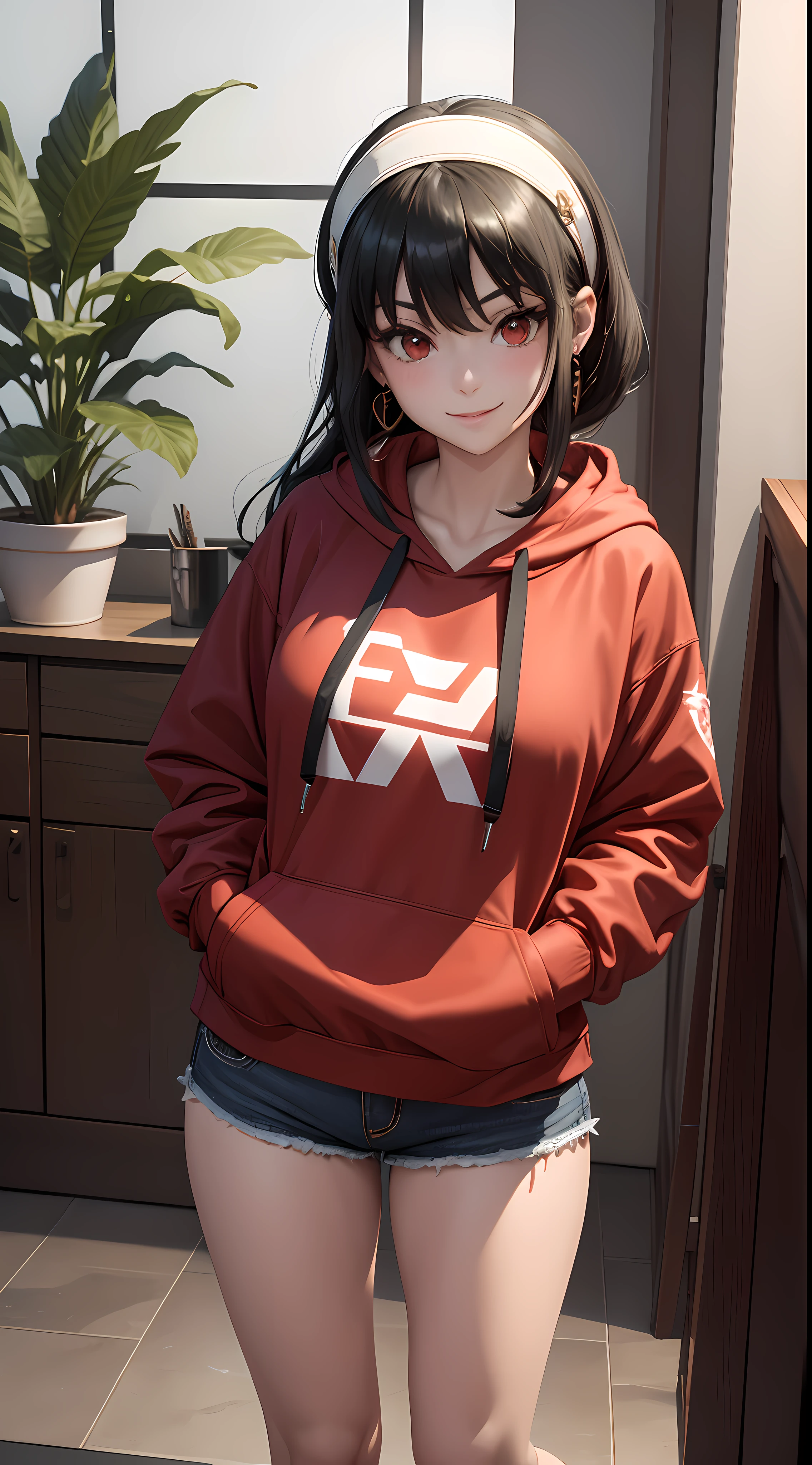 masterpiece, yor, 1girl, solo, looking at viewer, cute smile, black hair, red eyes, wearing Streetwear Hoodie, black jeans, jewelry, sidelocks, hairband, earrings, indoors, arms behind back, plant, short hair with long locks, white hairband, big side hair, very long side hair,