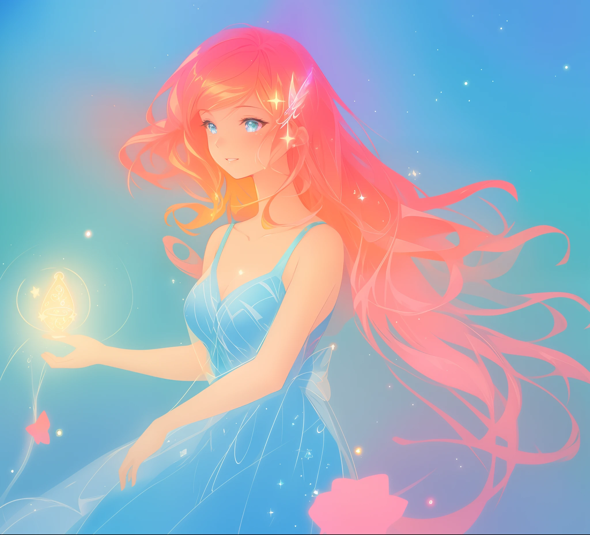 beautiful girl in colorful liquid dress, vibrant pastel colors, (colorful), magical lights, sparkling lines of light, inspired by Glen Keane, inspired by Lois van Baarle, disney art style, by Lois van Baarle, glowing aura around her, by Glen Keane, jen bartel, glowing lights! digital painting, flowing glowing hair, glowing flowing hair, beautiful digital illustration, fantasia background, whimsical, magical, fantasy, beautiful face, ((masterpiece, best quality)), intricate details, highly detailed, sharp focus, 8k resolution, sparkling detailed eyes, liquid watercolor
