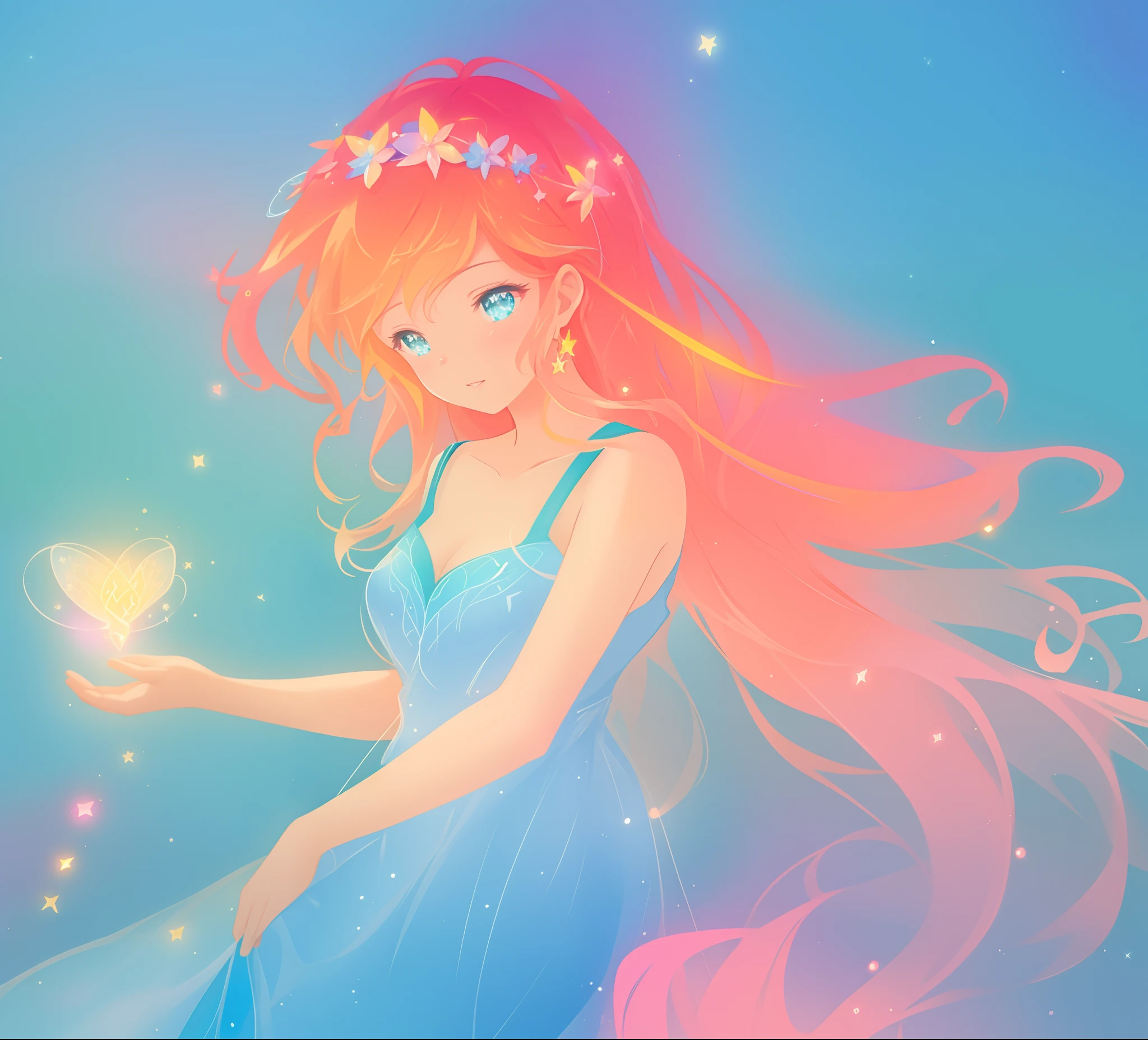 beautiful girl in colorful liquid dress, vibrant pastel colors, (colorful), magical lights, sparkling lines of light, inspired by Glen Keane, inspired by Lois van Baarle, disney art style, by Lois van Baarle, glowing aura around her, by Glen Keane, jen bartel, glowing lights! digital painting, flowing glowing hair, glowing flowing hair, beautiful digital illustration, fantasia background, whimsical, magical, fantasy, beautiful face, ((masterpiece, best quality)), intricate details, highly detailed, sharp focus, 8k resolution, sparkling detailed eyes, liquid watercolor