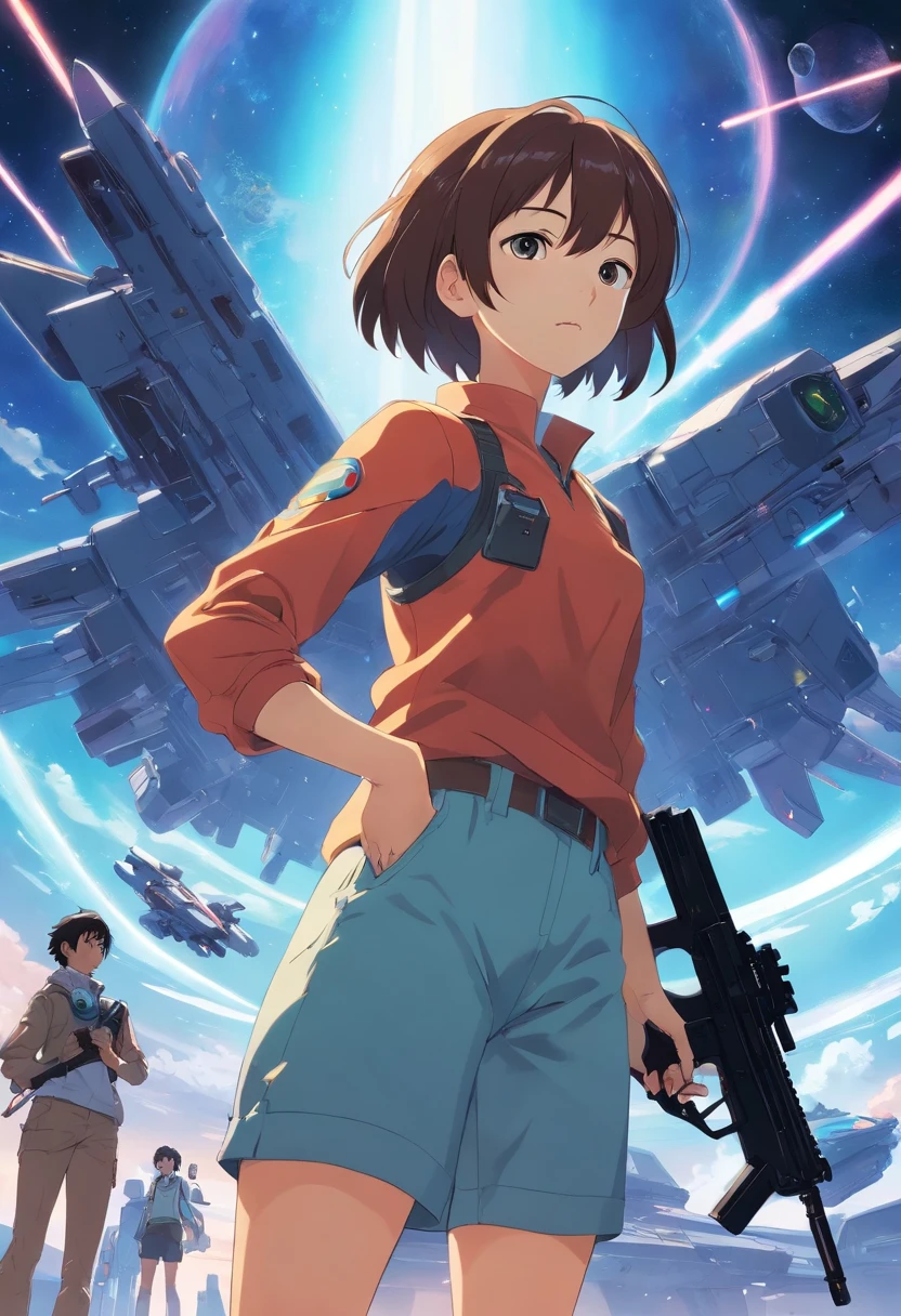 There's a woman holding a gun in front of a spaceship, Empire ruined in the background, arte oficial do personagem, zumbi de doom eternal, Orianna, pintura de c - 3 p 0, inspirado em Sargent Johnson, heaven planet in background, Imagem promocional Juno, capacete completo