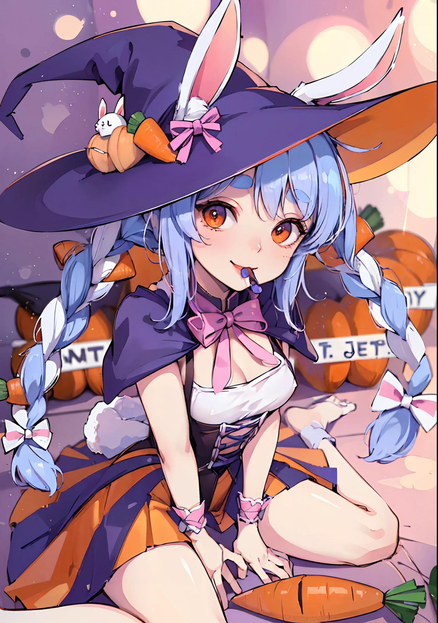 (masterpiece, best quality, smooth skin), Usada Pekora from Hololive, bunny ears, (witch hat, witch outfit, smiling, carrot rpg, tnt in the background), (twin braids, carrots, cookie in mouth, pumpkin accessory, hands on the floor)