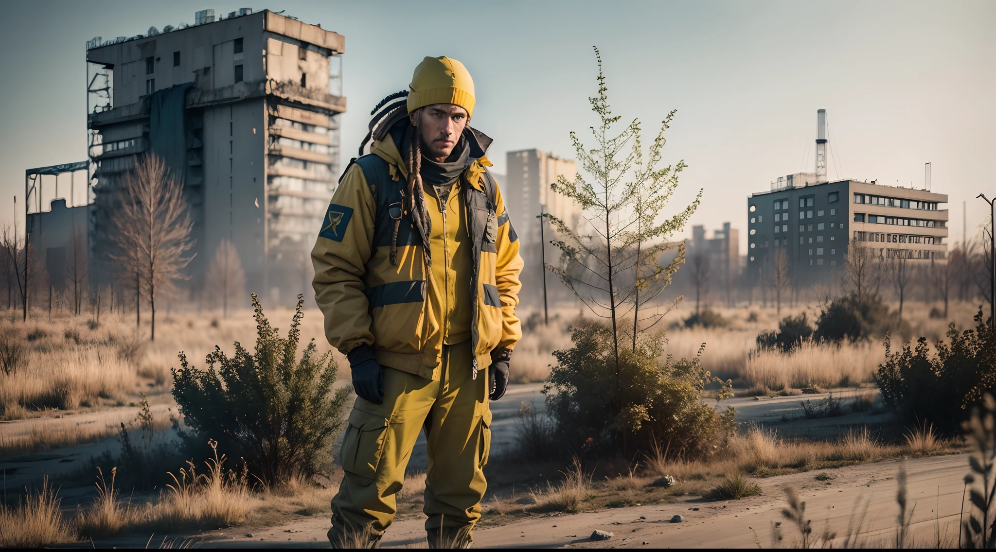 tchernobyl, photoreallistic, post apocalypse, homme en tenue NBC (jaune), dreadlocks, Pripyat, URSS, Contaminated area, highly detailed, 4K, paysage, --auto --s2