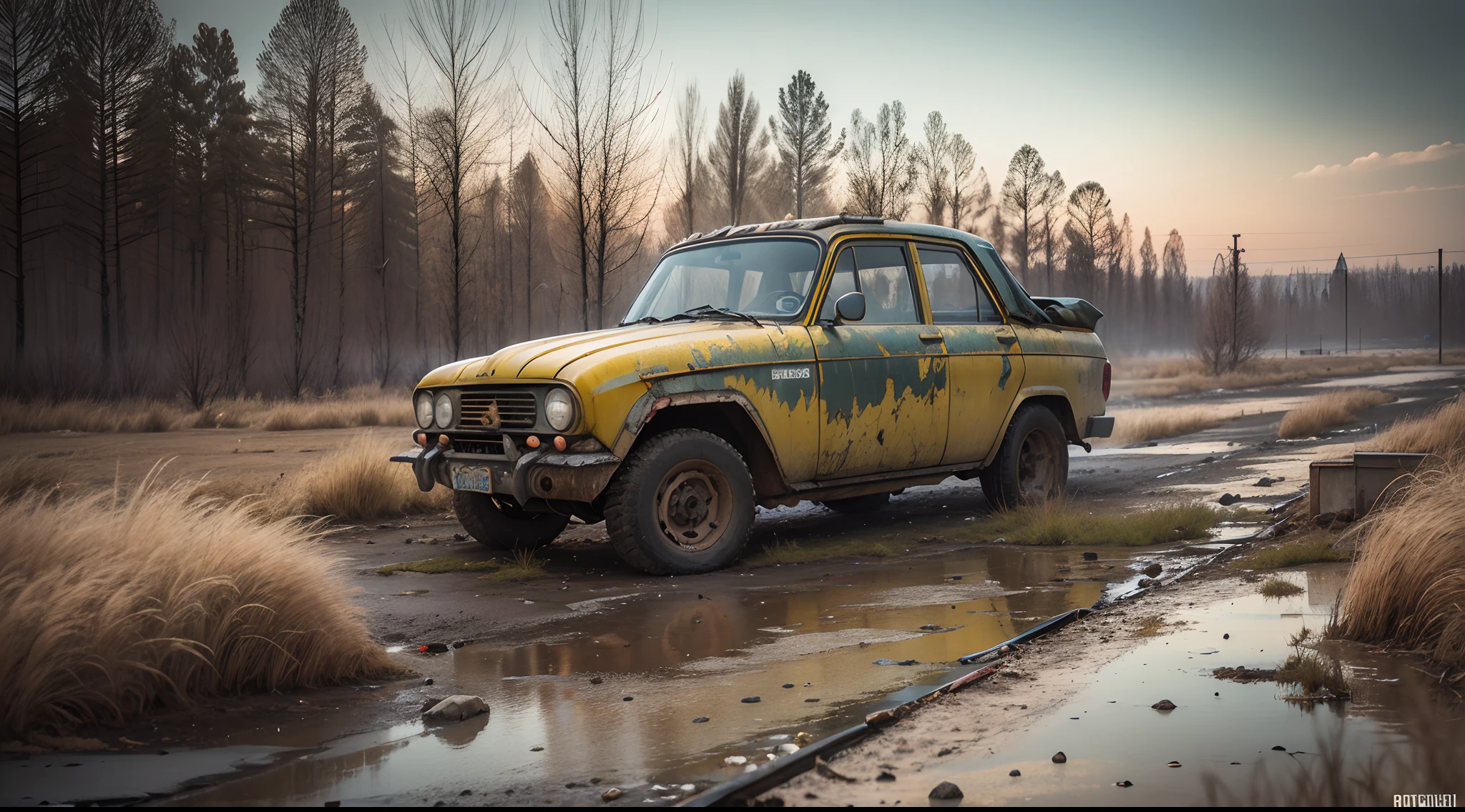 tchernobyl, photoreallistic, post apocalypse, homme en tenue NBC (jaune), dreadlocks, Pripyat, URSS, Contaminated area, highly detailed, 4K, paysage, --auto --s2