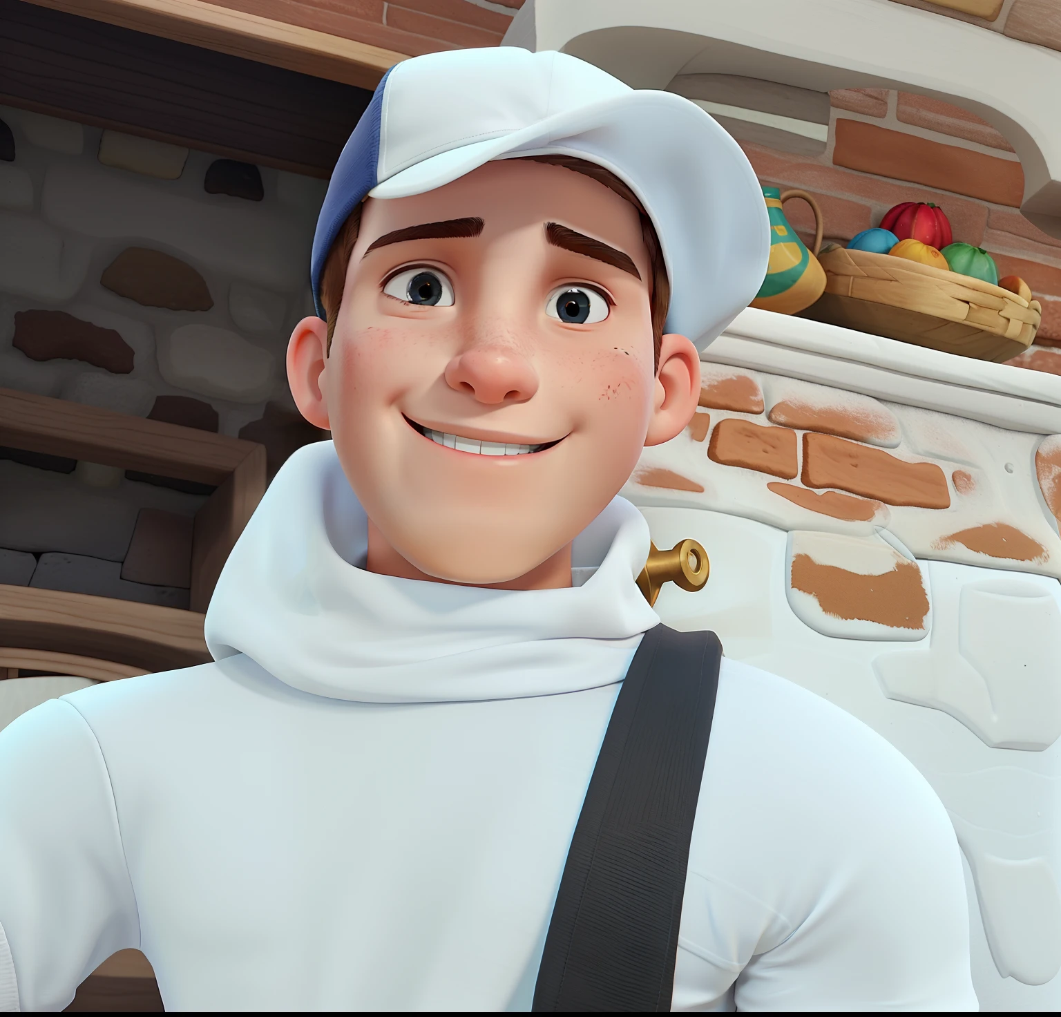 A white-skinned boy, lindo, gostoso, charmoso, vestindo um agasalho de capuz branco, wearing a white cap on his head, sorridente