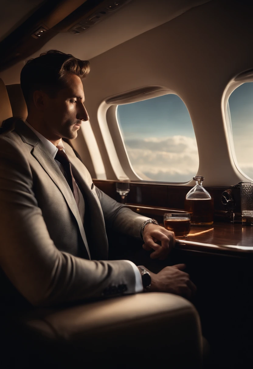 realistic man seating in private jet and looking out of window no