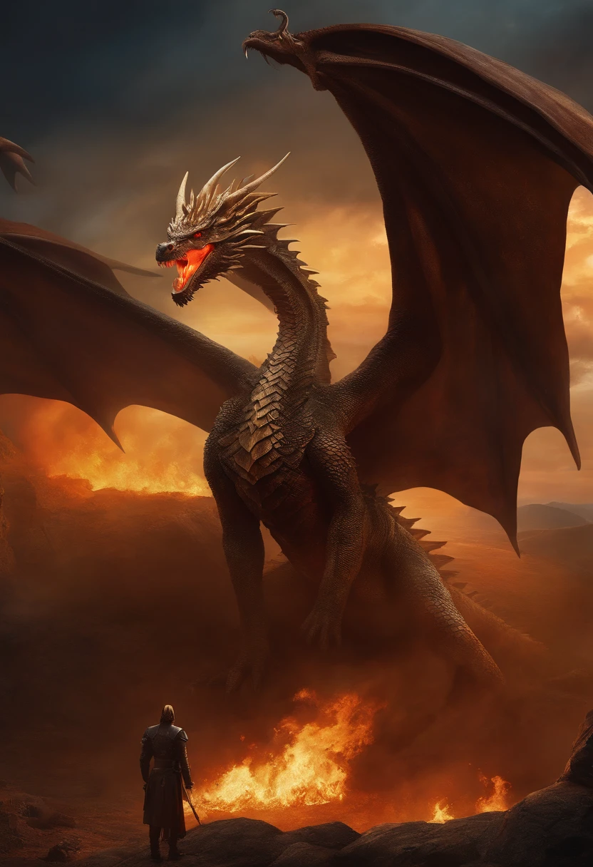 Rei no trono de ferro. De Game of Thrones, oil-painting, impressionista, of the eighteenth century, guarded by a fire-breathing flying dragon, segurando uma longa espada de garra, in an old frameThe old 4k frame adds a touch of realism to this fantastic scene.