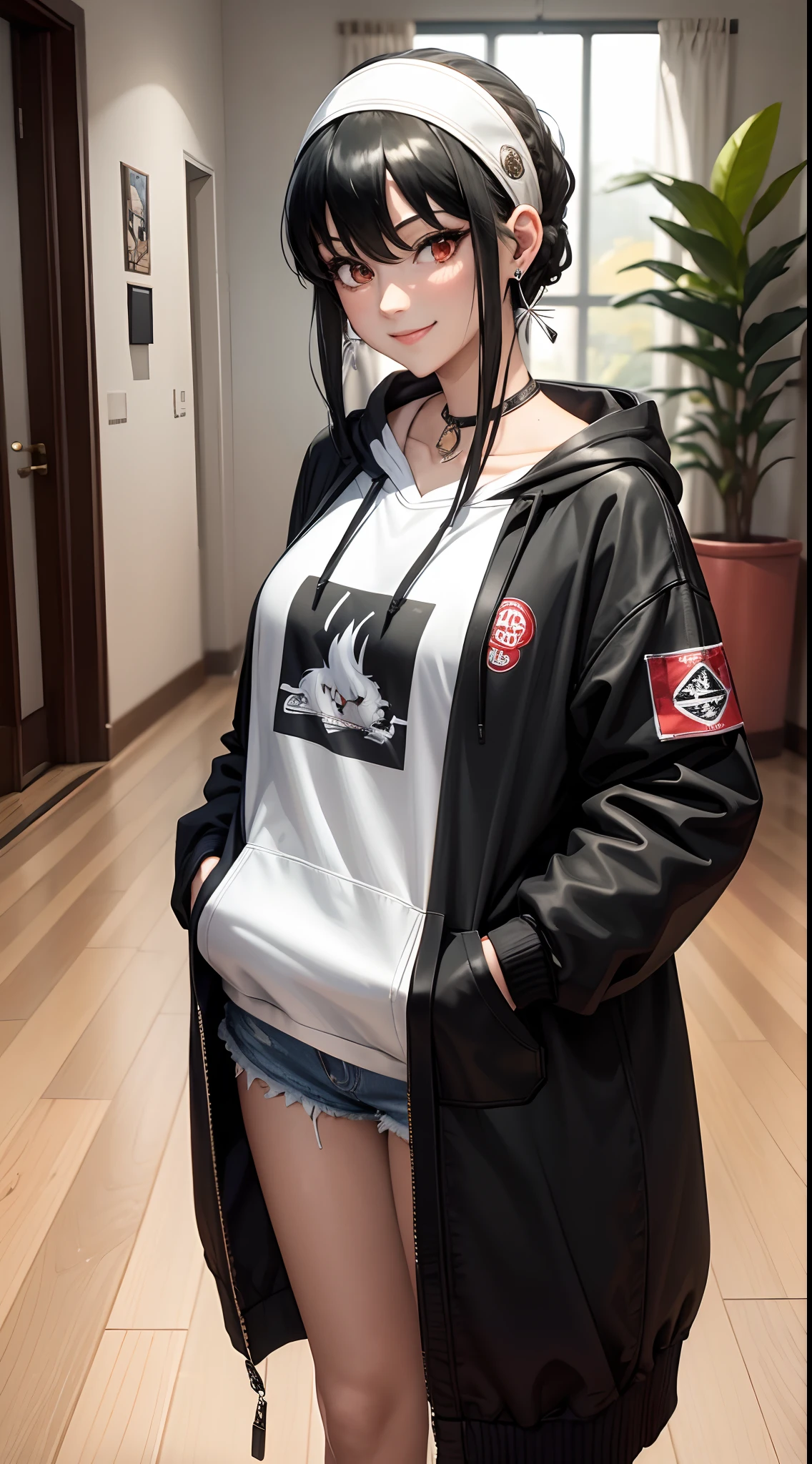 masterpiece, yor, 1girl, solo, looking at viewer, cute smile, black hair, red eyes, wearing Streetwear Hoodie, black jeans, jewelry, sidelocks, hairband, earrings, indoors, arms behind back, plant, short hair with long locks, white hairband, big side hair, very long side hair,