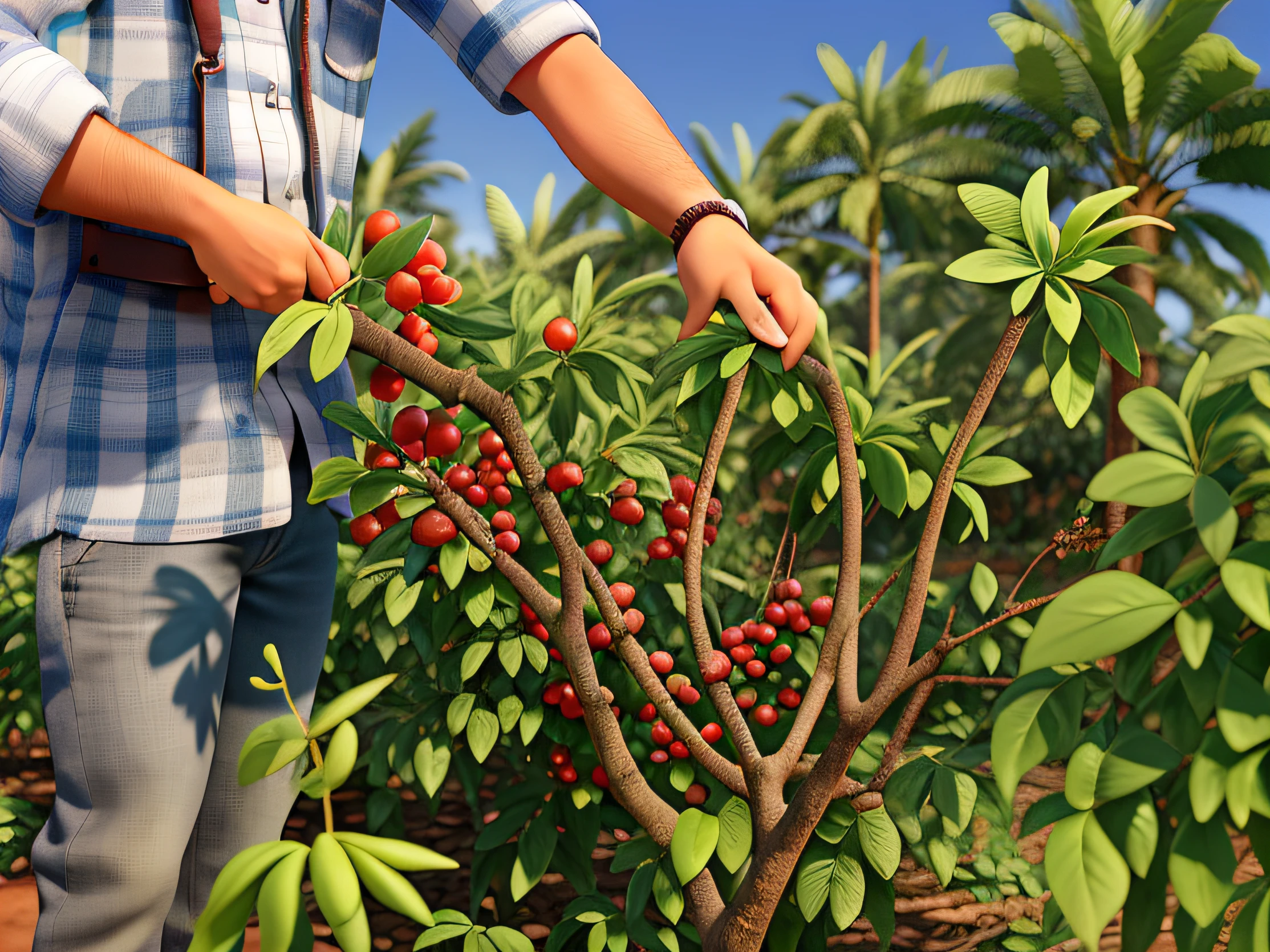 Uma paisagem e pessoas estilo Disney pixar, alta qualidade, melhor qualidade. Man working in coffee plantation
