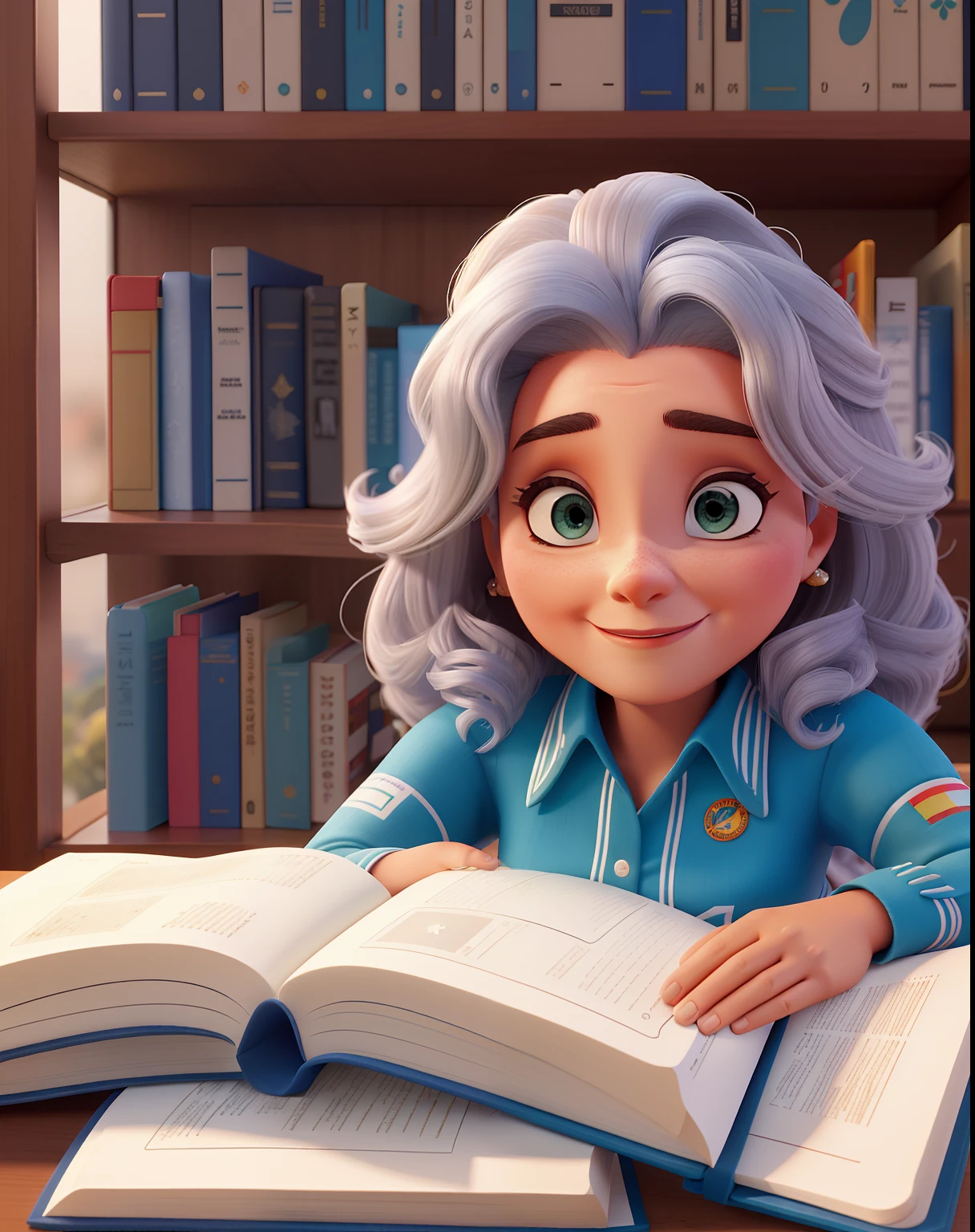 Uma mulher de 30 anos, pele branca, cabelos encaracolados e ruivos, altura mediana, rosto redondo, nariz fino, olhos pequenos, no pano de fundo de uma biblioteca