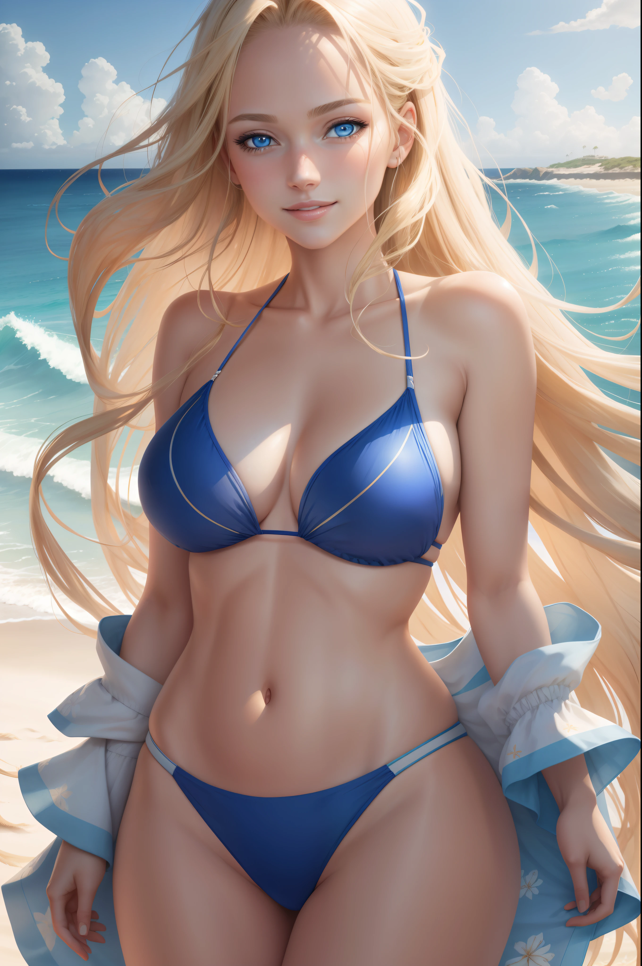 Pretty Female, windblown blonde hair, glowing blue eyes, realistic, masterpiece:1.2, ultra-detailed, 4K, beach background, high-detailed lighting, subtle smile, fair complexion, bikini, sexy, vibrant colors, soft sunlight, gentle waves crashing, sandy shore, tranquil atmosphere, delicate breeze, graceful posture.