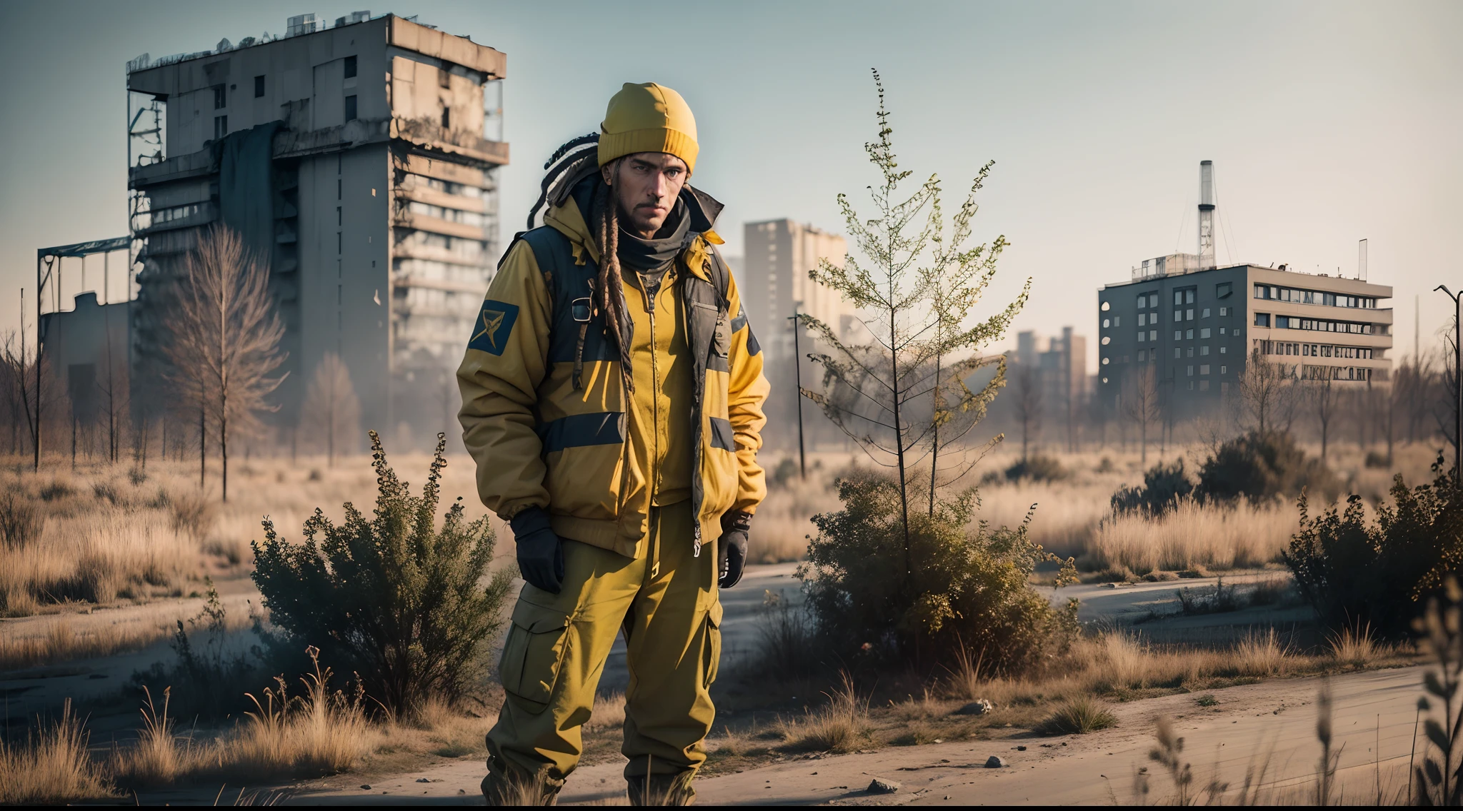 tchernobyl, photoreallistic, post apocalypse, homme en tenue NBC (jaune), dreadlocks, Pripyat, URSS, Contaminated area, highly detailed, 4K, paysage, --auto --s2