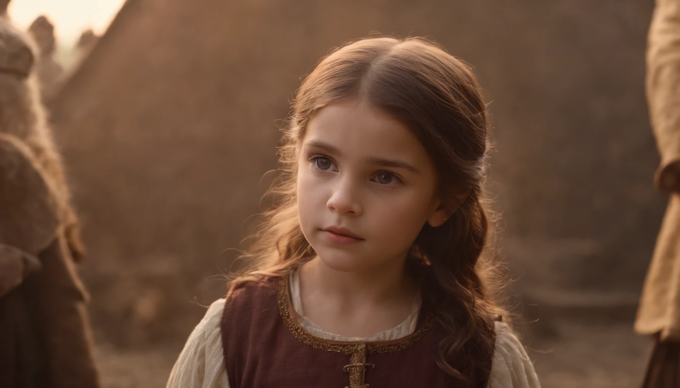 um fundo escuro , With a girl on the freight with brown hair and honey-colored eyes from medieval times very beautiful