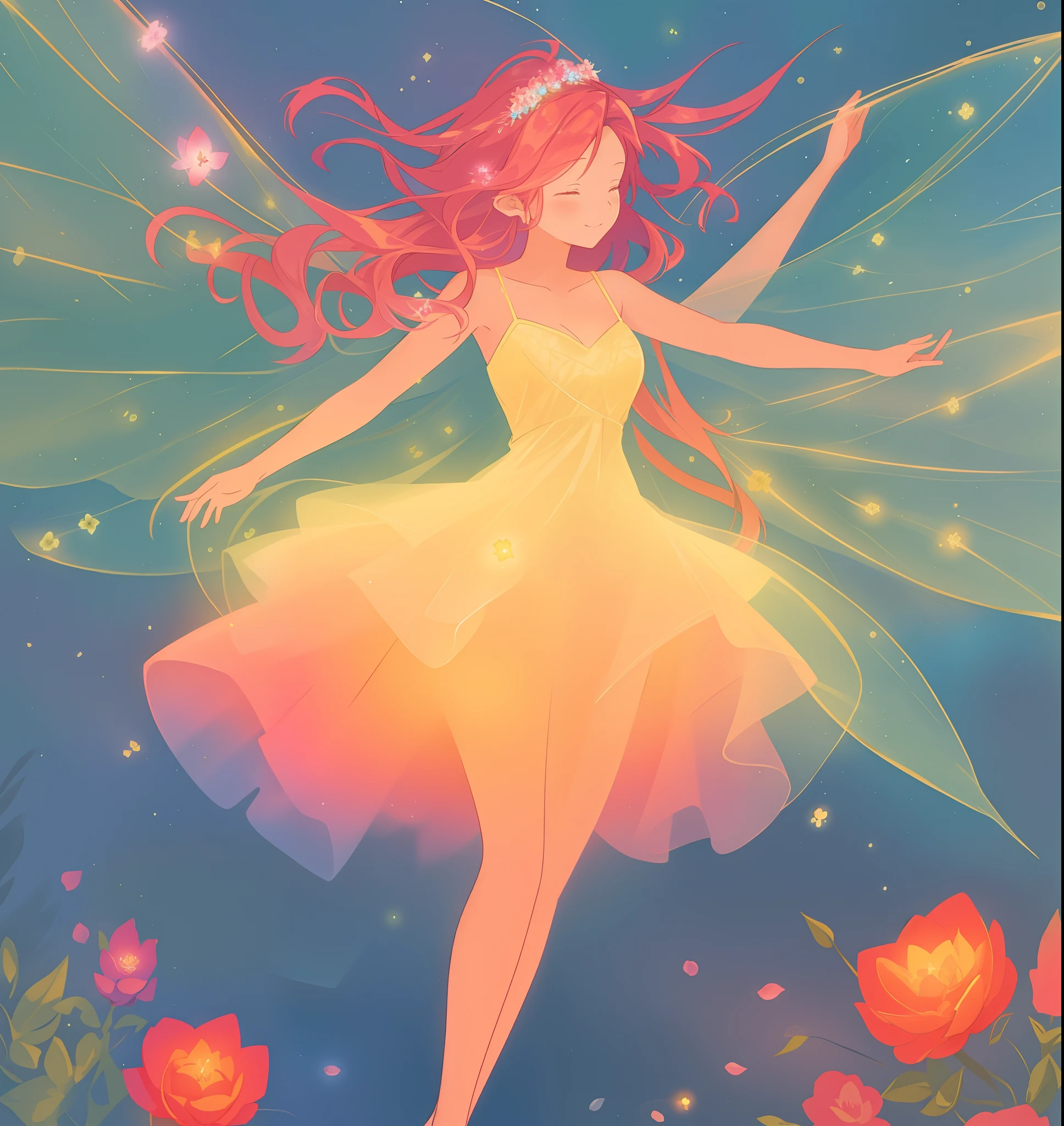 beautiful girl in flowing tiered layered ballgown dress, fairy dress, fairy queen, magical forest background, (glowing fairy wings), glowing flowing ballgown, long wavy hair, sparkling fairy wings, watercolor illustration, flowers and colorful plants, inspired by Glen Keane, inspired by Lois van Baarle, disney art style, by Lois van Baarle, glowing aura around her, by Glen Keane, jen bartel, glowing lights! digital painting, flowing glowing hair, glowing flowing hair, beautiful digital illustration, fantasia otherworldly landscape plants flowers, beautiful, masterpiece, best quality, anime disney style
