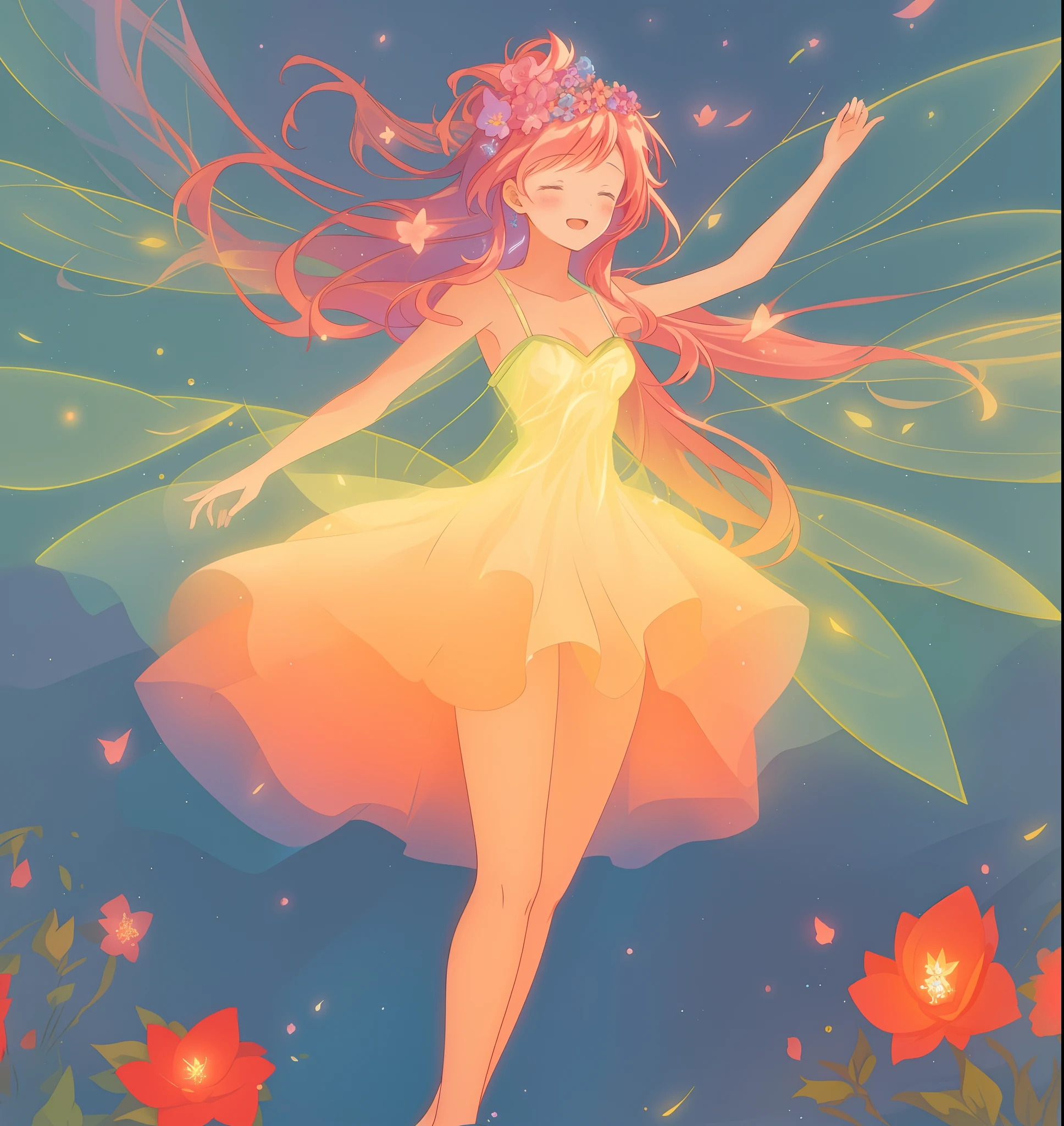 beautiful girl in flowing tiered layered ballgown dress, fairy dress, fairy queen, magical forest background, (glowing fairy wings), glowing flowing ballgown, long wavy hair, sparkling fairy wings, watercolor illustration, flowers and colorful plants, inspired by Glen Keane, inspired by Lois van Baarle, disney art style, by Lois van Baarle, glowing aura around her, by Glen Keane, jen bartel, glowing lights! digital painting, flowing glowing hair, glowing flowing hair, beautiful digital illustration, fantasia otherworldly landscape plants flowers, beautiful, masterpiece, best quality, anime disney style