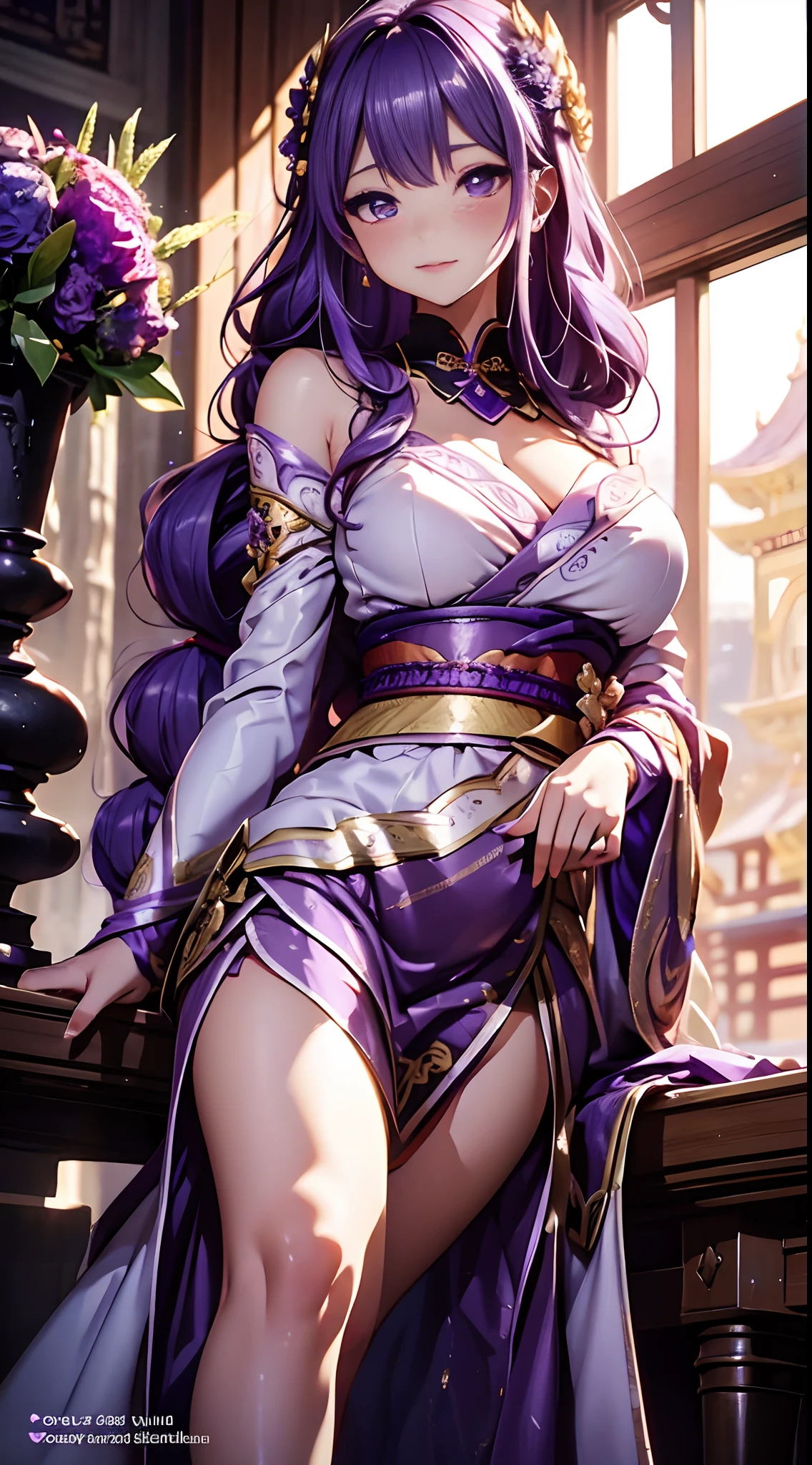 score_9, score_8_up, score_7_up, score_6_up, score_5_up, score_4_up, Raiden shogun, purple eyes, purple long hair, tied hair, hair in a bun, hairpin, traditional Chinese red wedding hanfu dress, Yourqipao Red Embroidery Chinese Xiuhe Hanfu Women's Satin Cheongsam Ancient Traditional Chinese Bride, Wedding Dress, Long Dresses, long earrings, red lipstick, detailed eyes, traditional wear, sexy attractive, hot, traditional, smiling widely, happy, blushing, lotuses, sitting,