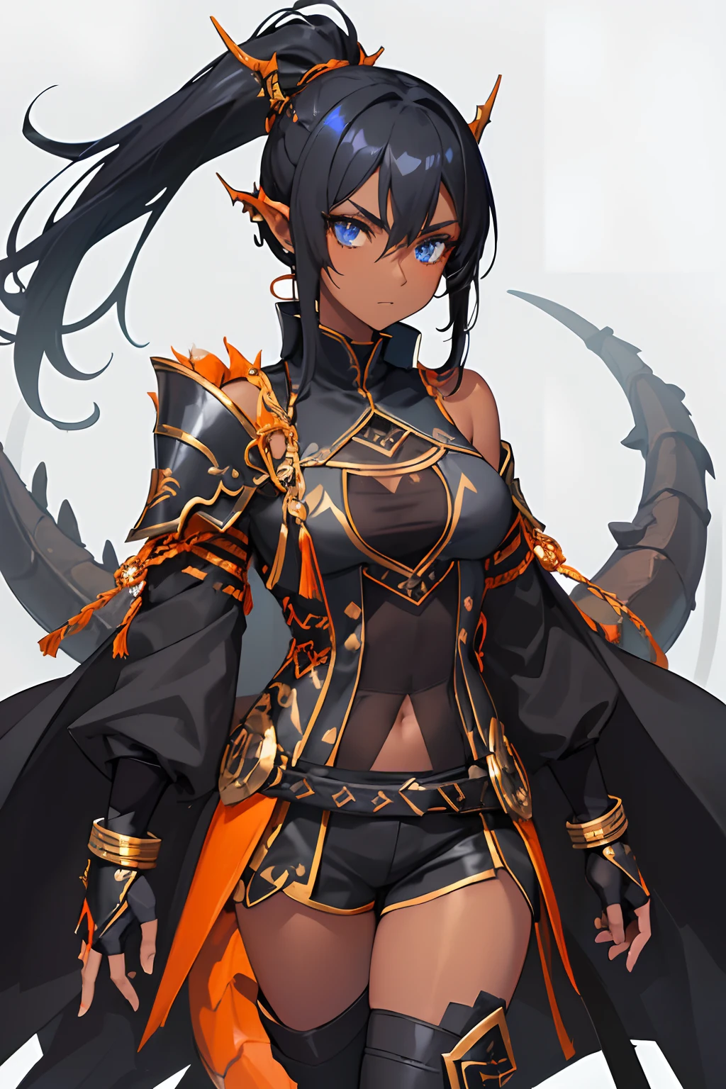 1girl , (((Dark Skin)))), Black Hair with Ponytail, (((Blue Eyes))), ((Black Metallic Gauntlets and Greaves with Orange and Silver Highlights)), (((The Clothes Have a Mix of Modern and Tribal))), (((The Clothes Have a Mix of Modern and Tribal))),  having mostly the color black, but having parts in orange, shoulders exposed, at the hip a shorts that extend to half of the thigh of black color. ((Black Overcoat with a orange inner part)) absurd res, best res, high res, best face, best eyes, ((((Dragon tail))))