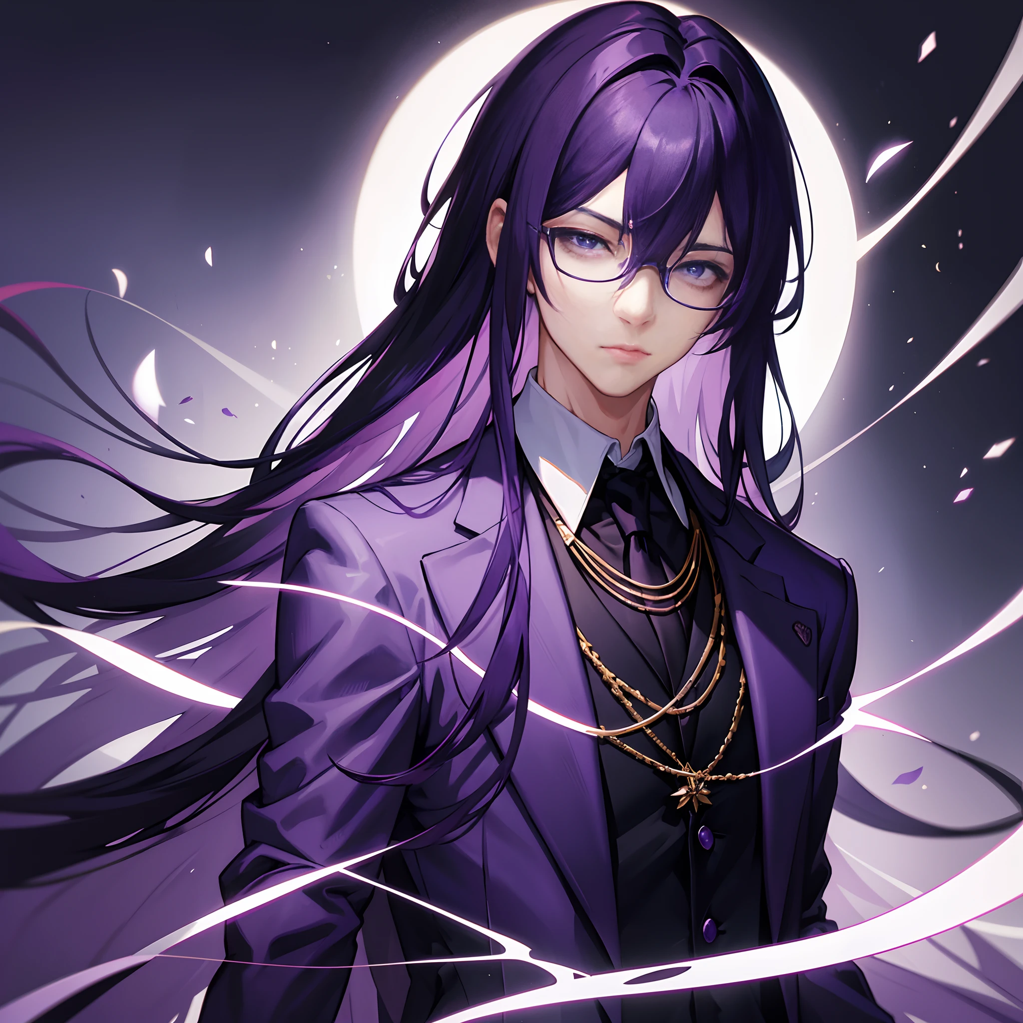 1 boy,long purple hair,purple eyes,wearing glasses,wearing a purple suit coat,with jewels all over his suit, looking at viewer with an air of sophistication,high quality,high detail,high res,64k