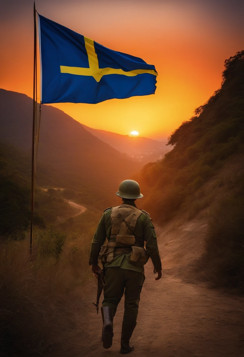 Soldado Paraquedista, com a bandeira do Brasil ao fundo