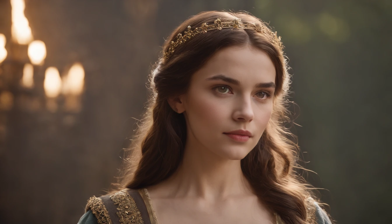 A young woman standing with brown hair and honey-colored eyes from medieval times with very dark background very beautiful young woman