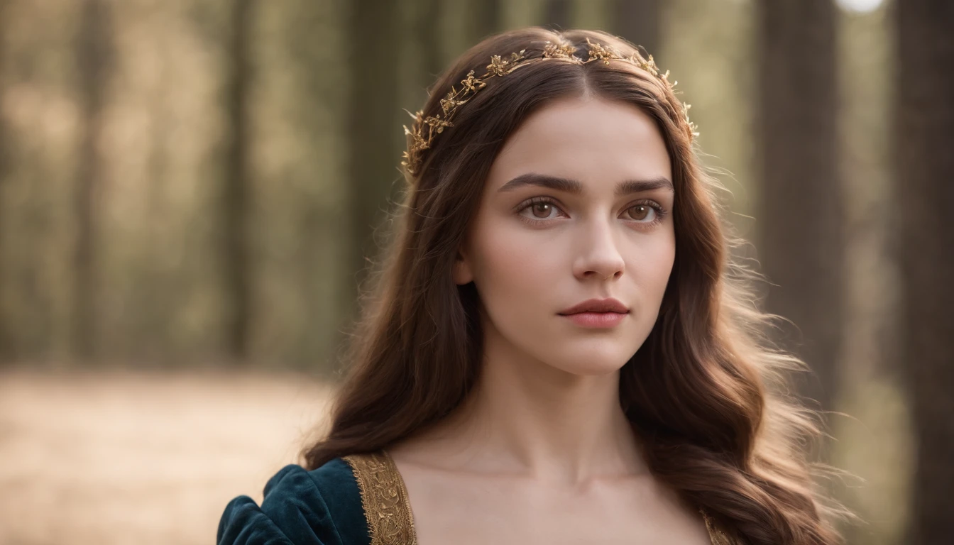 A young woman standing with brown hair and honey-colored eyes from medieval times with very dark background very beautiful young woman