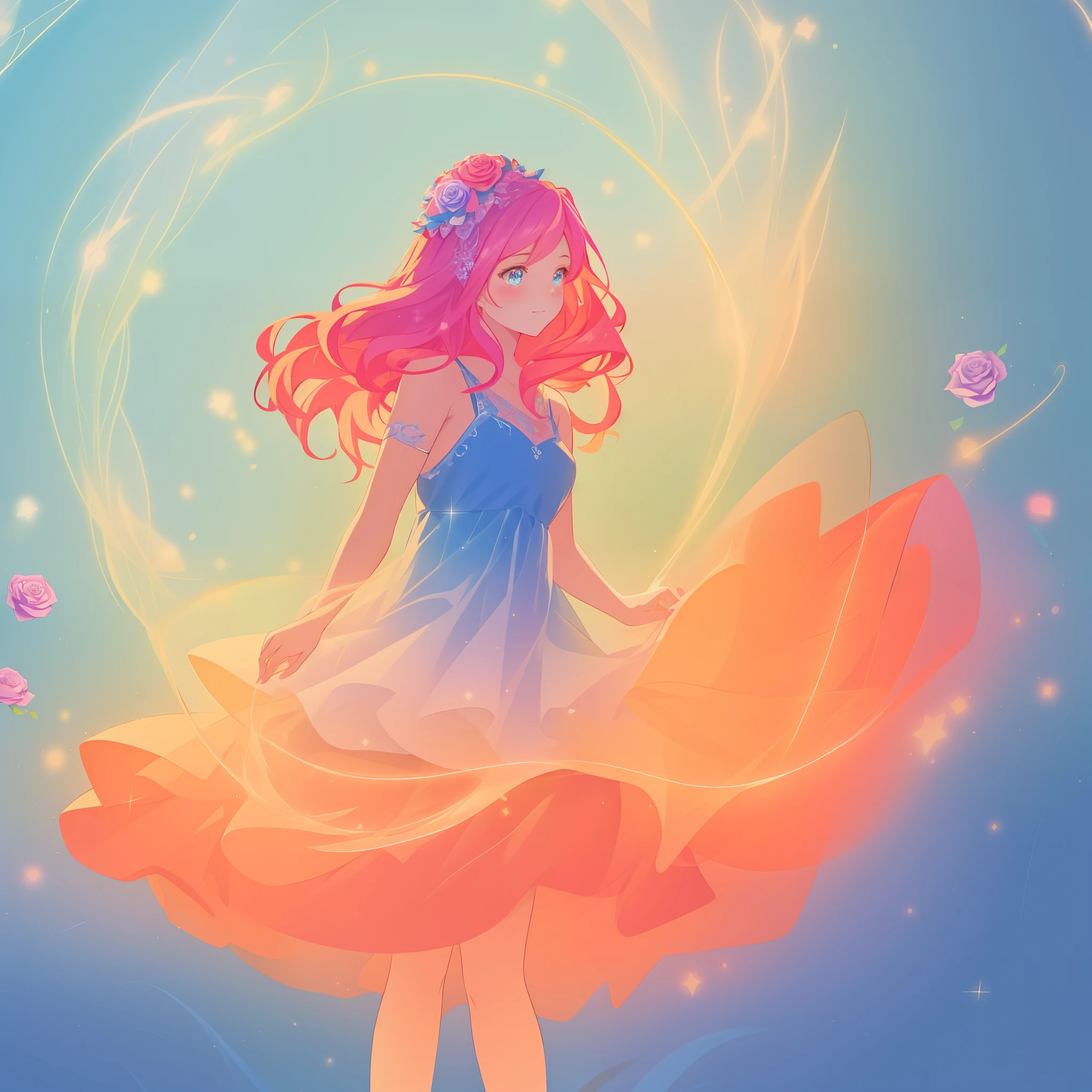 beautiful girl, tiered flower fairy dress, fairy queen, fairy wings, (tiered layered skirt resembling a rose), vibrant pastel colors, (colorful), glowing golden long hair, magical lights, sparkling magical liquid, inspired by Glen Keane, inspired by Lois van Baarle, disney art style, by Lois van Baarle, glowing aura around her, by Glen Keane, jen bartel, glowing lights! digital painting, flowing glowing hair, glowing flowing hair, beautiful digital illustration, fantasia background, whimsical, magical, fantasy, ((beautiful face)), ((masterpiece, best quality)), intricate details, highly detailed, sharp focus, 8k resolution, sparkling detailed eyes, liquid watercolor