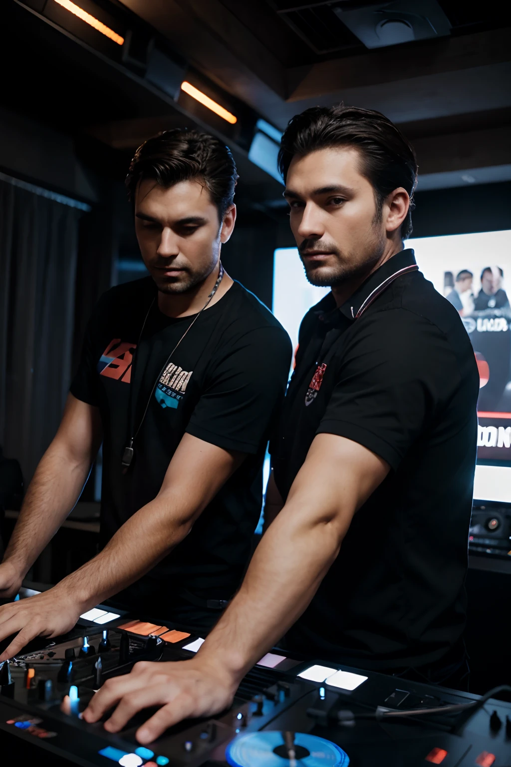 Two dark-haired men playing djs , in front of many people