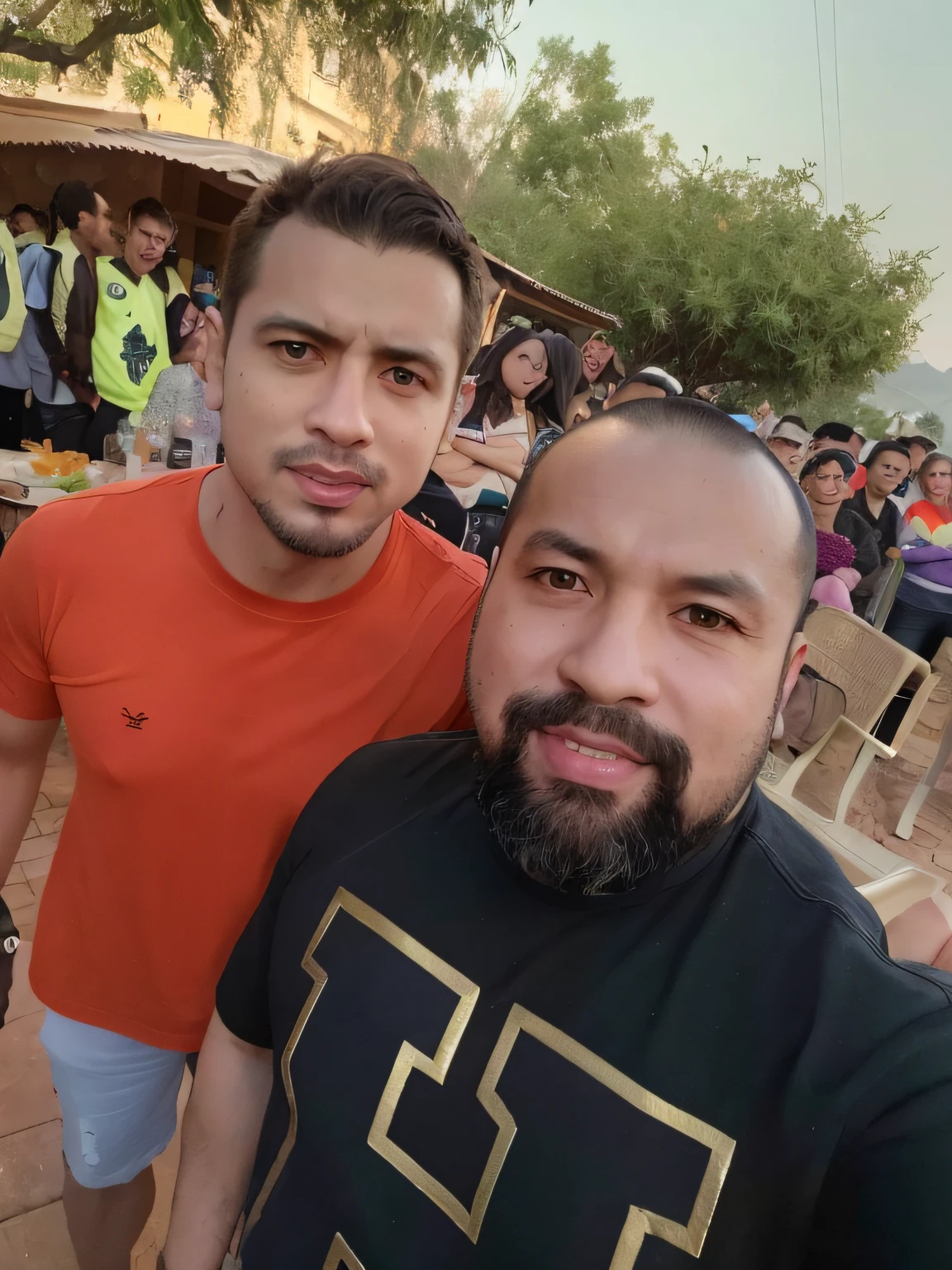 There are two men standing next to each other in front of a crowd, Directed by: Nandor Soldier, Beto Val, Barabas Miklos e Hollosy Simon, Pablo Carpio e Jordan Grimmer, imagem de qualidade muito baixa, foto de perfil 1024px, caio santos, Alex Grey e Romero Ressendi