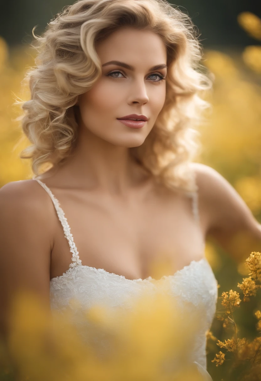 (master part:1.2), (best quality:1.2), olhos perfeitos, rosto perfeito, perfect lighting, 1girl, mature female in a field, Medium blonde hair, curly hair, roupas detalhadas, fundo exterior detalhado, maquiagem, sombra, bushy eyelashes, fantasia, Looking at the Viewer, primavera