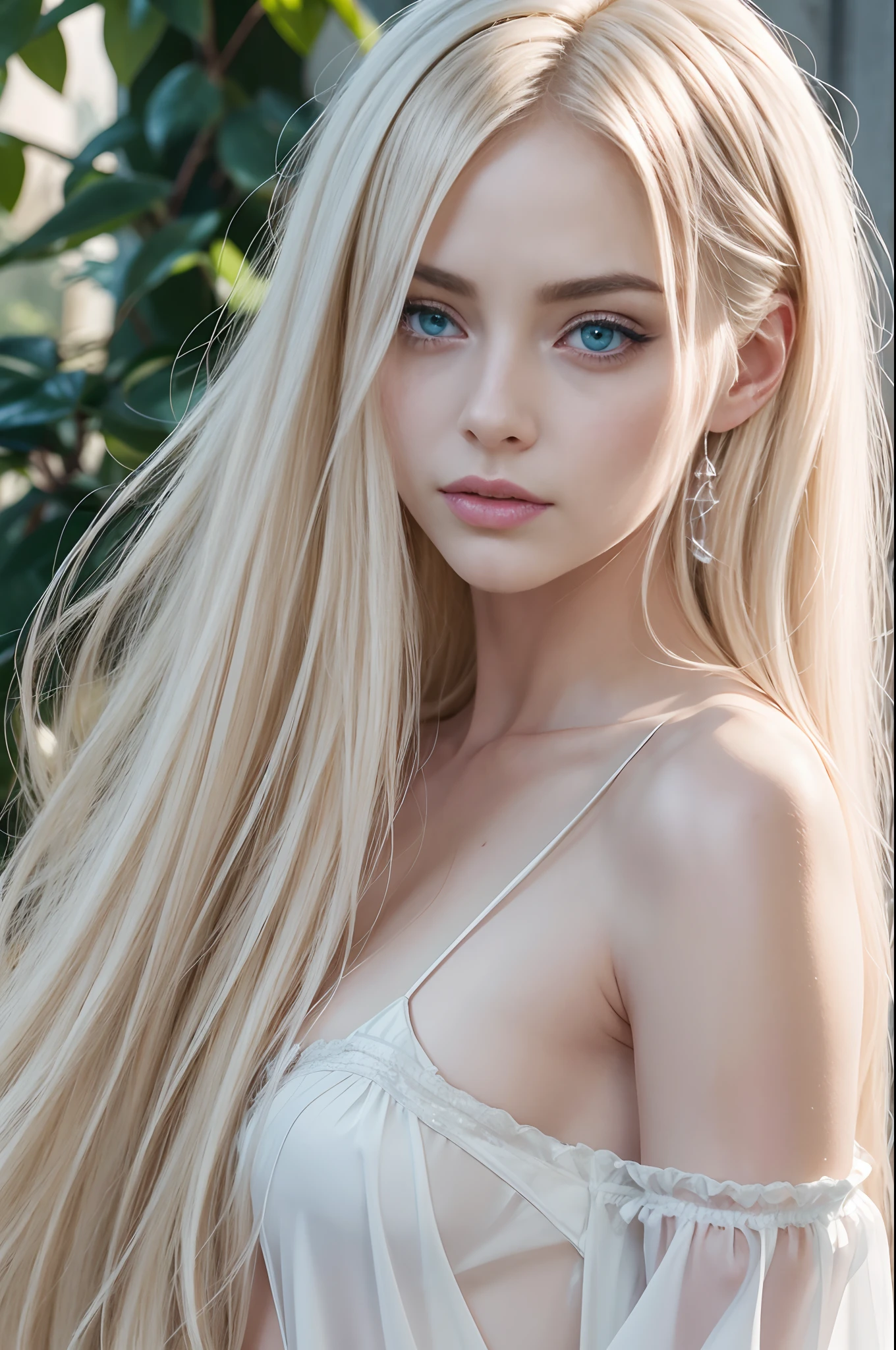 Shiny and dazzling pale blonde hair、Super Long Straight Silk Hair、verde s eyes、White and wet transparent nightgown、Bellezas europeas、flequillo largo entre los ojos、Bright pale blue eyes、cuerpos perfectos、Cara perfecta、Maquillaje brillante、Labios rosados fi...