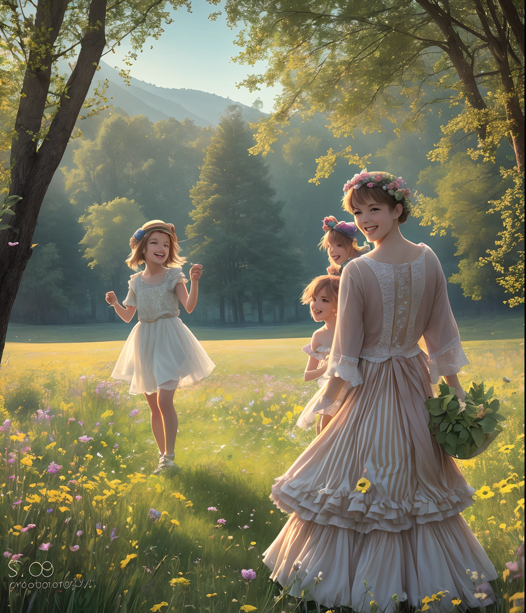 A Photograph capturing the whimsical world of Sparkle and her friends as they frolic in a meadow, sparkling in the soft glow of twilight. --auto --s2