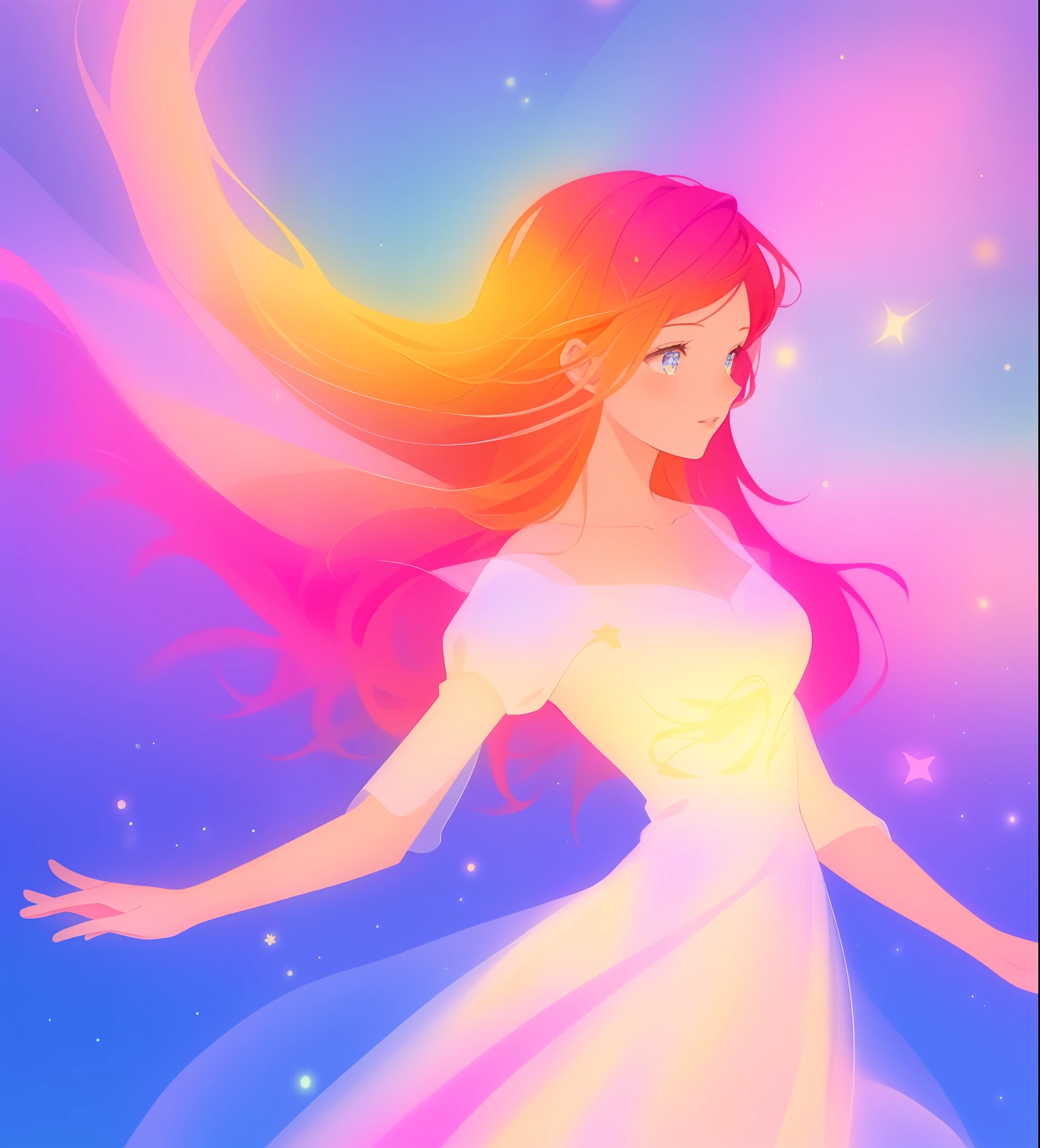 beautiful girl in colorful ballgown, long flowing red hair with golden highlights, vibrant pastel colors, (colorful), colorful watercolor background, ethereal, magical lights, sparkling liquid light, inspired by Glen Keane, inspired by Lois van Baarle, disney art style, by Lois van Baarle, glowing aura around her, by Glen Keane, jen bartel, glowing lights! digital painting, flowing glowing hair, glowing flowing hair, beautiful digital illustration, fantasia background, whimsical, magical, fantasy, beautiful face, ((masterpiece, best quality)), intricate details, highly detailed, sharp focus, 8k resolution, sparkling detailed eyes, liquid watercolor