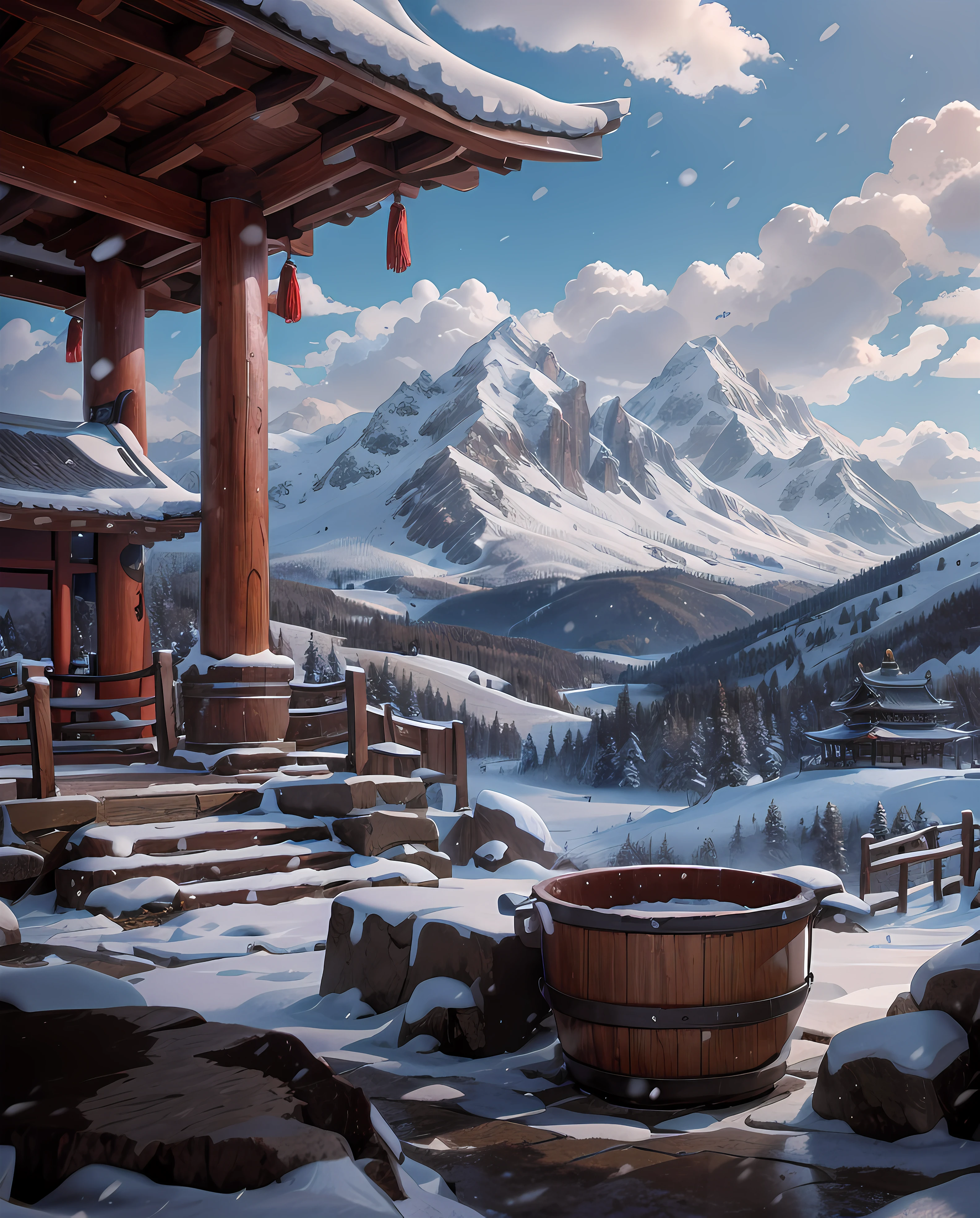 best quality, 8K, ultra quality, high detailed, high quality, anime style, a wooden bucket, snow, snowy mountain, Chinese temple, beautiful scenery