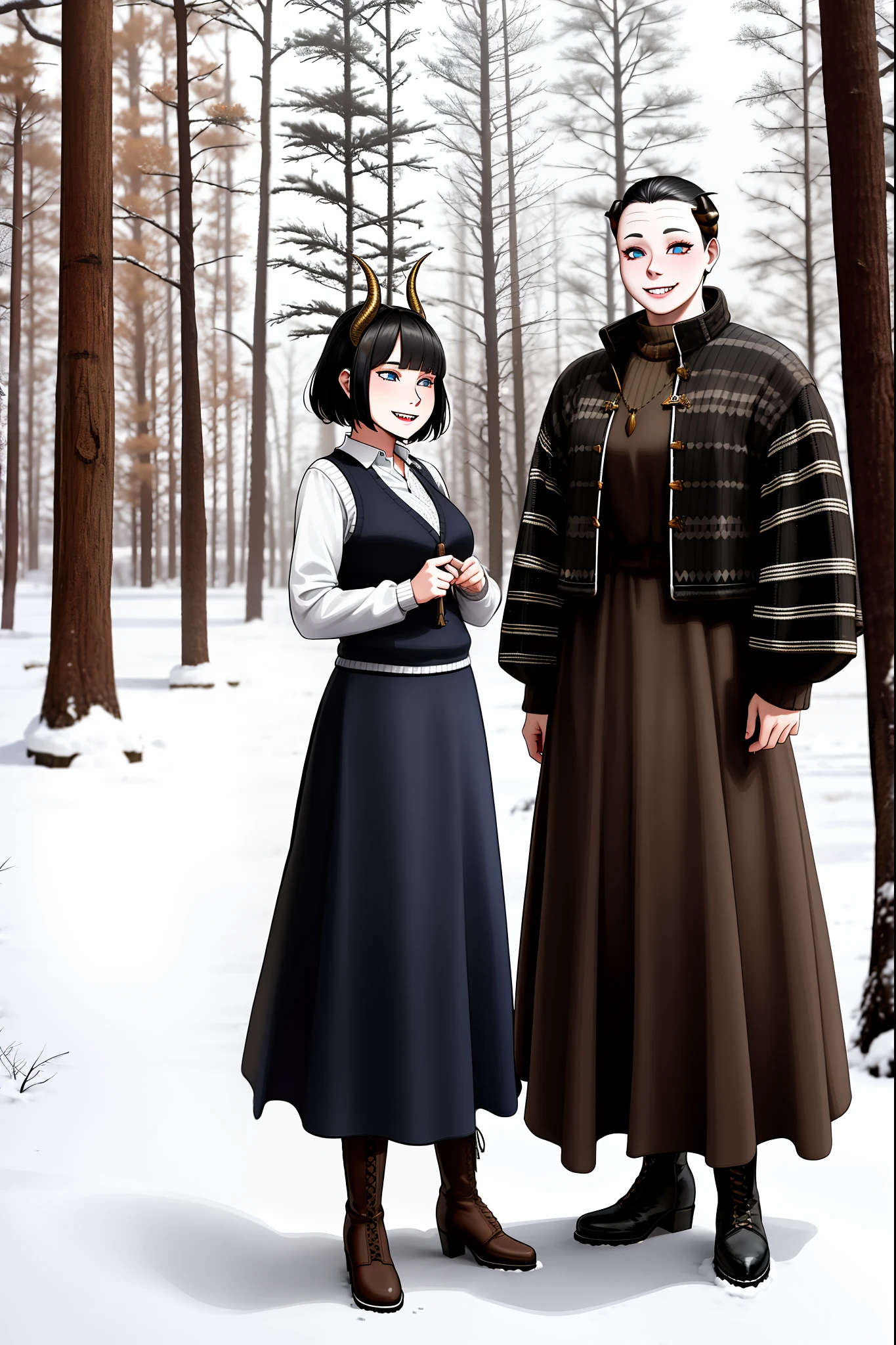 short hair, youngirl,black hair, vest, pullover, dragon horns, sharpteeth, standing, smile, full body , boots, long skirt, winter dress,, forest, woman-medieval-clothes, horns, smile, open mouth ,sharpteeth,, medium breast, blue eyes