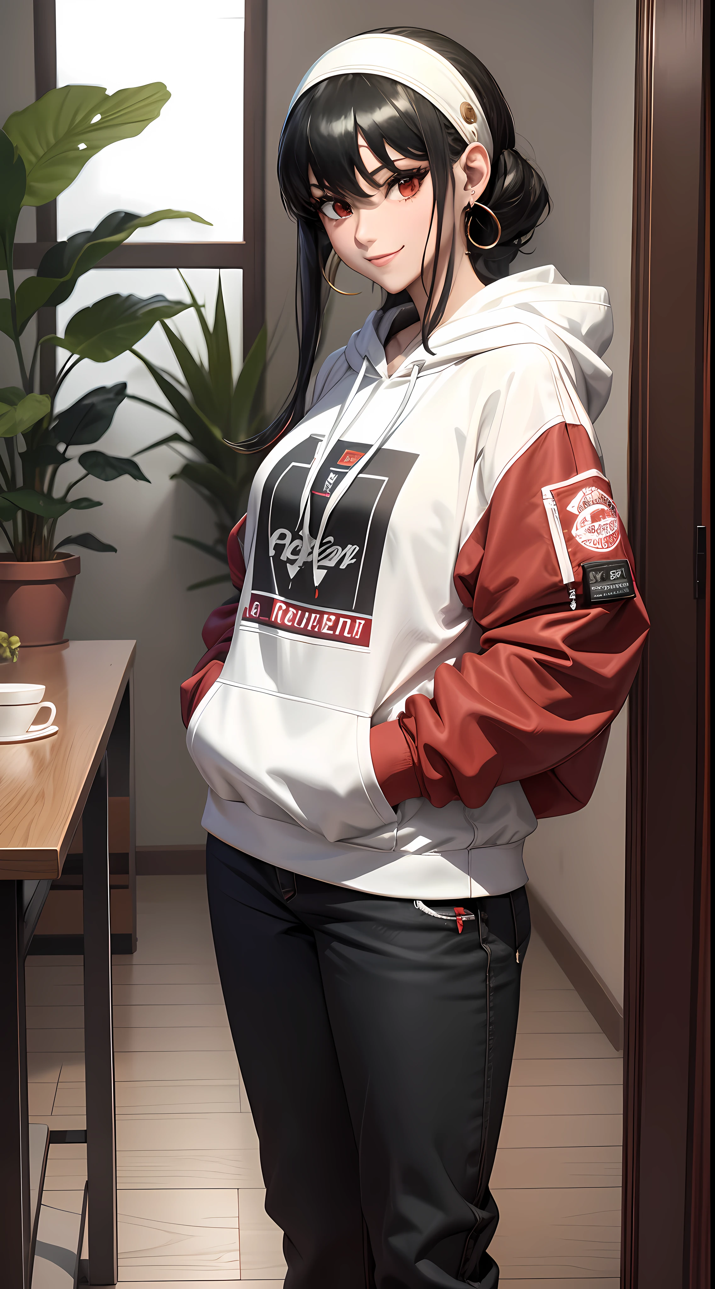 masterpiece, yor, 1girl, solo, looking at viewer, cute smile, black hair, red eyes, wearing Streetwear Hoodie, black jeans, jewelry, sidelocks, hairband, earrings, indoors, arms behind back, plant, short hair with long locks, white hairband, big side hair, very long side hair,
