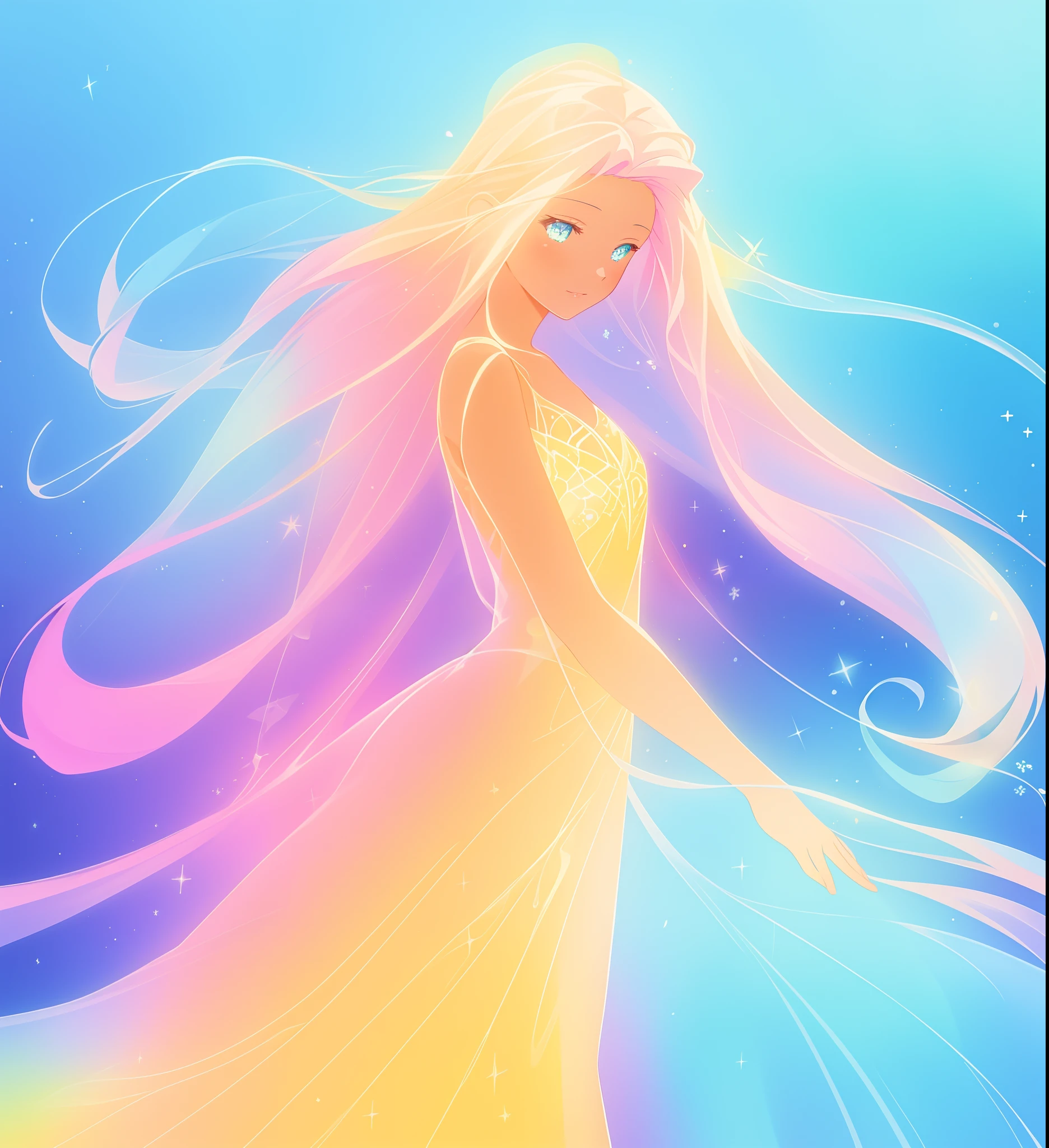 beautiful girl, flowing liquid colorful dress, vibrant pastel colors, (colorful), long flowing colorful hair, magical lights, sparkling magical liquid, inspired by Glen Keane, inspired by Lois van Baarle, disney art style, by Lois van Baarle, glowing aura around her, by Glen Keane, jen bartel, glowing lights! digital painting, flowing glowing hair, glowing flowing hair, beautiful digital illustration, fantasia background, whimsical, magical, fantasy, ((beautiful face)), ((masterpiece, best quality)), intricate details, highly detailed, sharp focus, 8k resolution, sparkling detailed eyes, liquid watercolor