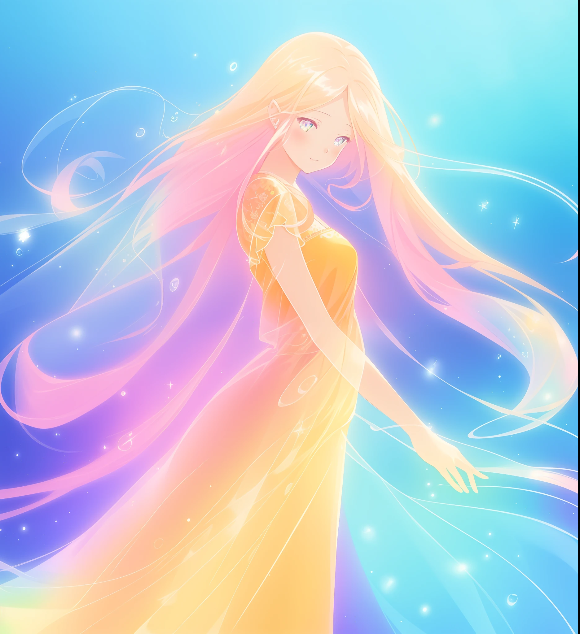 beautiful girl, flowing liquid colorful dress, vibrant pastel colors, (colorful), long flowing colorful hair, magical lights, sparkling magical liquid, inspired by Glen Keane, inspired by Lois van Baarle, disney art style, by Lois van Baarle, glowing aura around her, by Glen Keane, jen bartel, glowing lights! digital painting, flowing glowing hair, glowing flowing hair, beautiful digital illustration, fantasia background, whimsical, magical, fantasy, ((beautiful face)), ((masterpiece, best quality)), intricate details, highly detailed, sharp focus, 8k resolution, sparkling detailed eyes, liquid watercolor