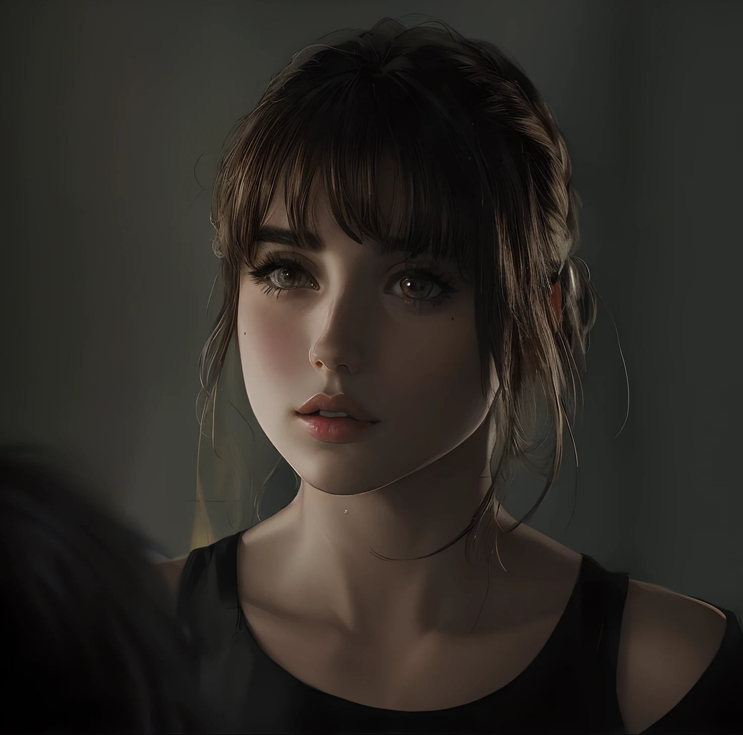 there is a woman that is looking at a man in the mirror, ana de armas, ana de armas portrait, ana de armas as joan of arc, portrait of ana de armas, charli bowater, chloe bennet, charli bowater and artgeem, solo female character, ( ( emma lindstrom ) ), with bangs, looking her shoulder