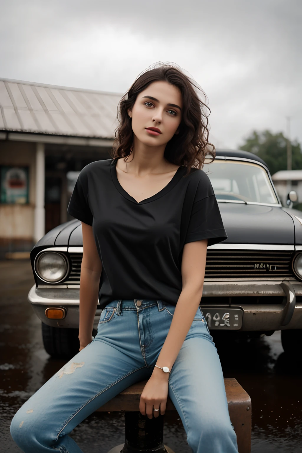 ((Best Quality, 8k, Masterpiece:1.3)), Focus: 1.2, Perfect Body Beauty: 1.4, Arabian 25 years old woman: 1.2, ((Short black curly Hair)), (White plain round neck regular fit basic tee-shirt:1.1), no print on Teeshirt, basic full body length regular fitting tee-shirt, Dark blue skinny jeans, long jeans: 1.1, short sleeves black regular tee-shirt, Highly detailed face and skin texture, Detailed eyes, Double eyelids, toned body, Whitened skin, serious mood, large toned breasts, toned firm legs, high heel's, whitened skin, detailed black eyes, detailed face, middle eastern woman, baggy medium size basic tee-shirt, simple plain Baggy Tee-shirt, toned firm hips, 8K UHD, black anklet, model looks, apocalypse city, rainy weather, dark clouds, silver wrist watch, bracelet, bangle's, open legs style Posing, old gas station, sitting on a old wooden chair, high heels, detailed beautiful feets, detailed feets fingers and shape, dusty sunny weather, old petrol pump, rainy atmosphere, wet roads, model shoot style, she's standing front of vintage old damage car, cloudy sky