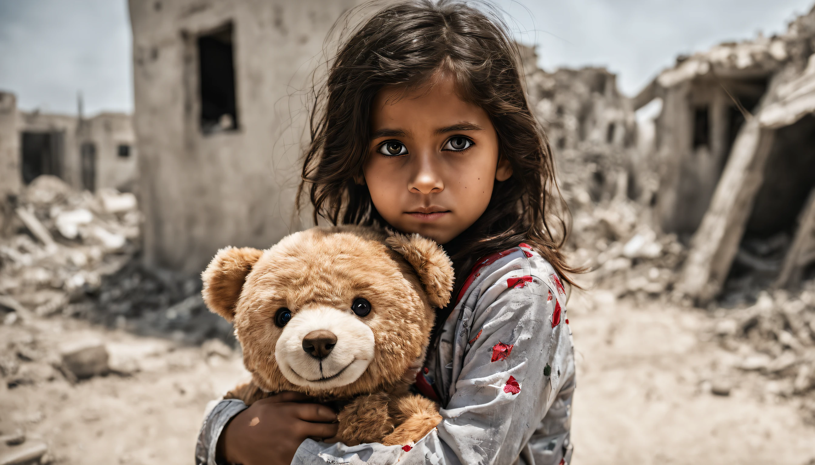 Photo of life awarded by National Geographic, Gaza Strip destroyed after war | girl holding a teddy bear in the middle of war | full body view | highly detailed | high resolution | looking at the viewer with an intense gauze | predatory | hyper detailed eyes | sharp focus | natural light