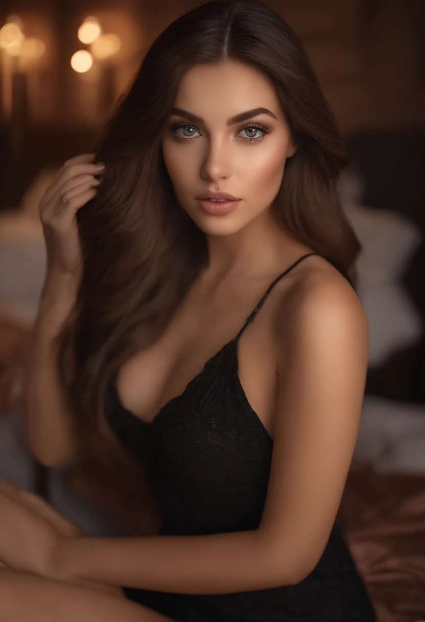 arafed woman fully , sexy girl with brown eyes, ultra realistic, meticulously detailed, portrait sophie mudd, brown hair and large eyes, selfie of a young woman, dubai eyes, violet myers, without makeup, natural makeup, looking directly at the camera, face with artgram, subtle makeup, stunning full body shot kneeling on the floor, in bedroom, medium to large size bust